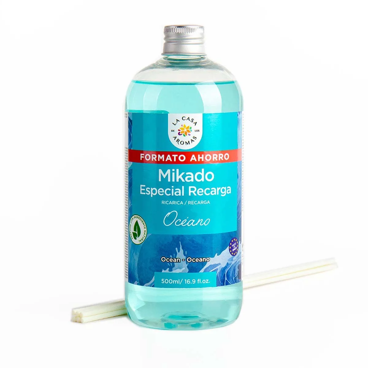 La Casa de los Aromas ambientador Mikado Reposicion OCEANO  botella 500ml incluye palitos de recambios. Ambientador Fragancia duradera Calidad Casa Aromas garantizada