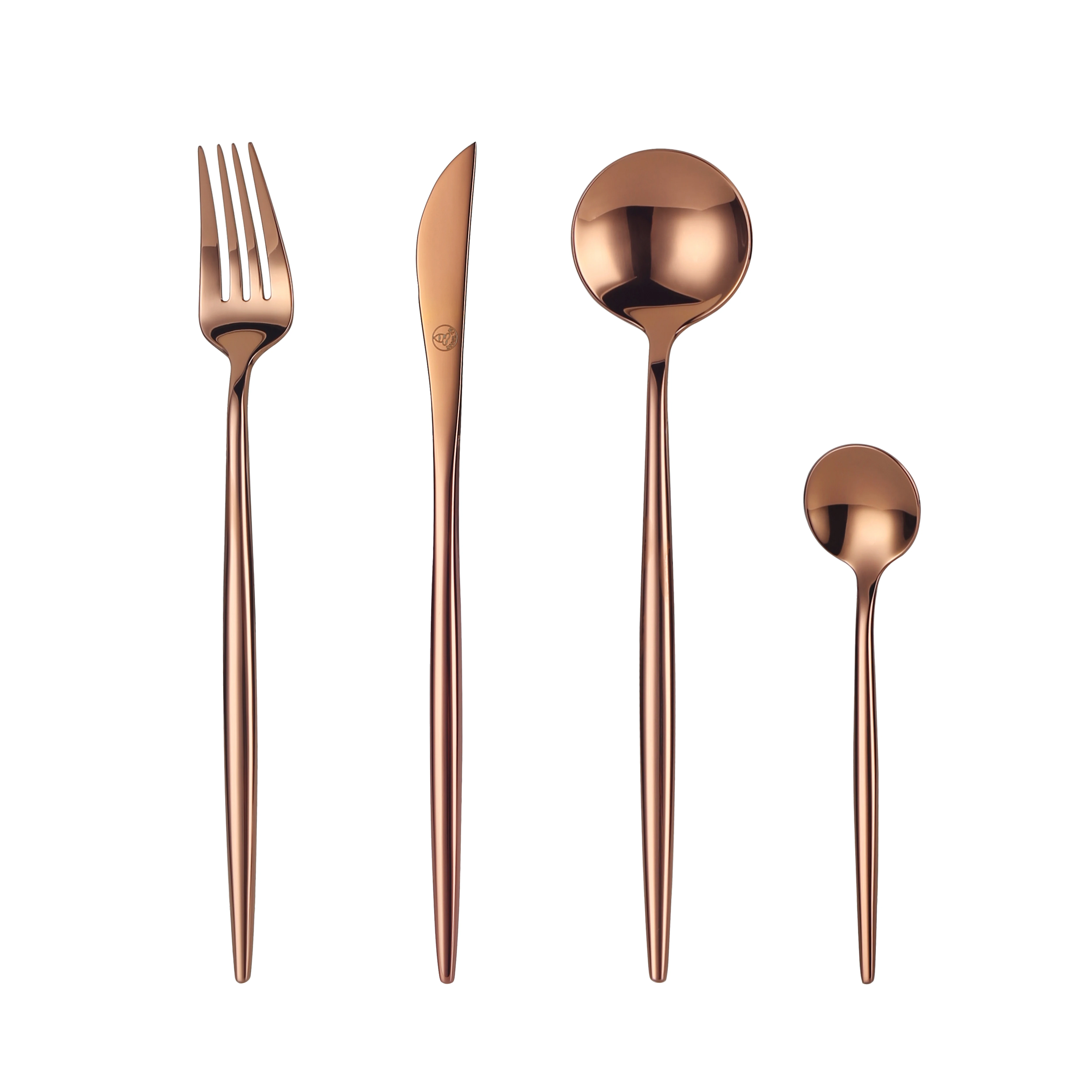 Mr.Spoon Juego 24 Piezas Cubiertos, Acero Inoxidable 18/0, Color Oro Rosa Mate o Brillo, Alta acabado, Diseño moderno, Incluye cuchillo,tenedor,cuchara,cucharilla, Cubertería, Apto para lavavajillas.