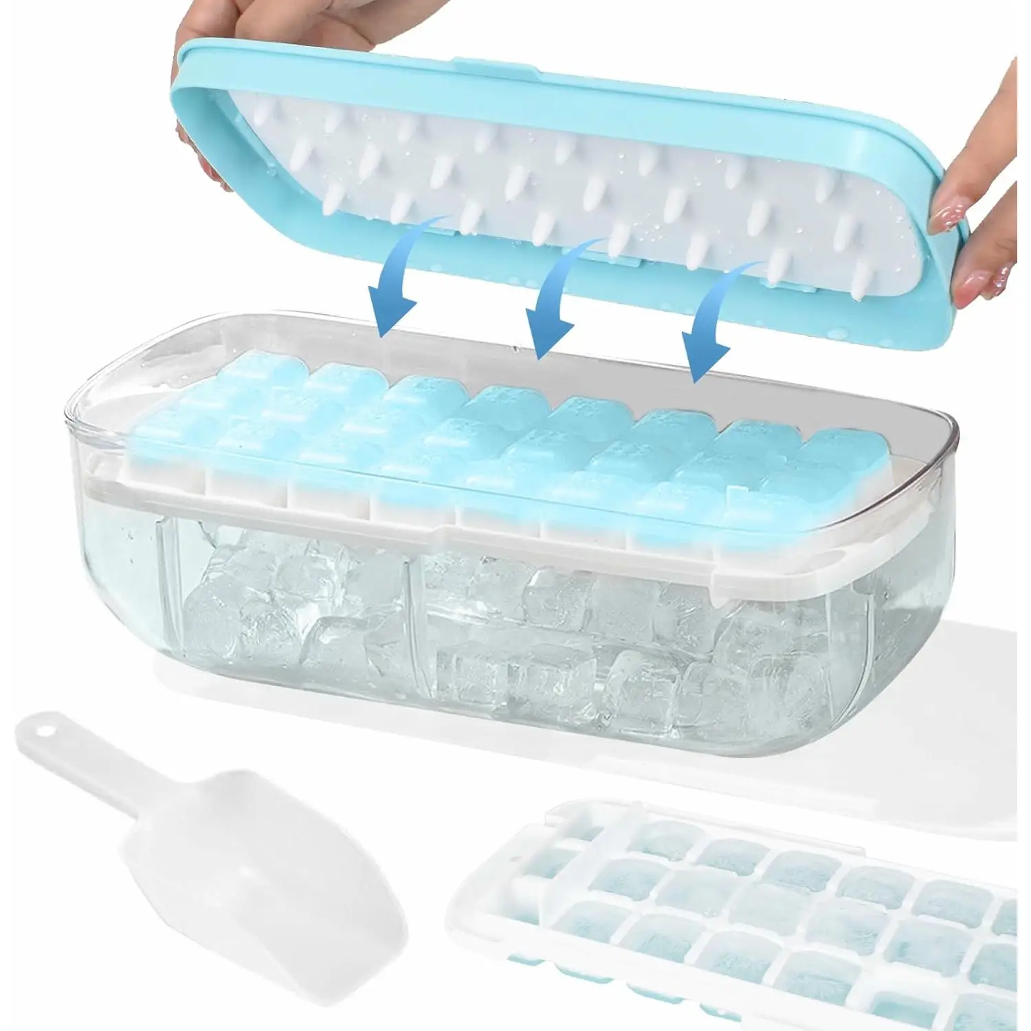 Moldes para Cubitos de Hielo, Cubiteras para Hielo con Tapa, Caja para Cubitos de Hielo de 48 Rejillas con Cuchara para Cubitos de Hielo, para Whisky, Cócteles, Comida para Bebés