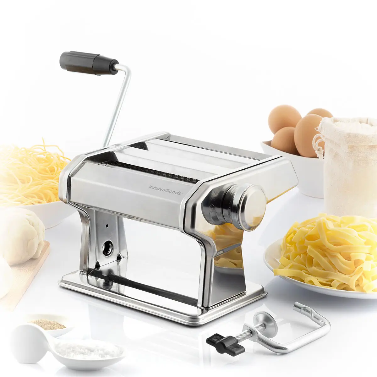 Innovagoods ®   Pasta machine, stainless steel pasta machine, fresh pasta machine, 3 types of spaghetti pasta, noodles and lasagna, multi-function kneading and cutting, easy to clean