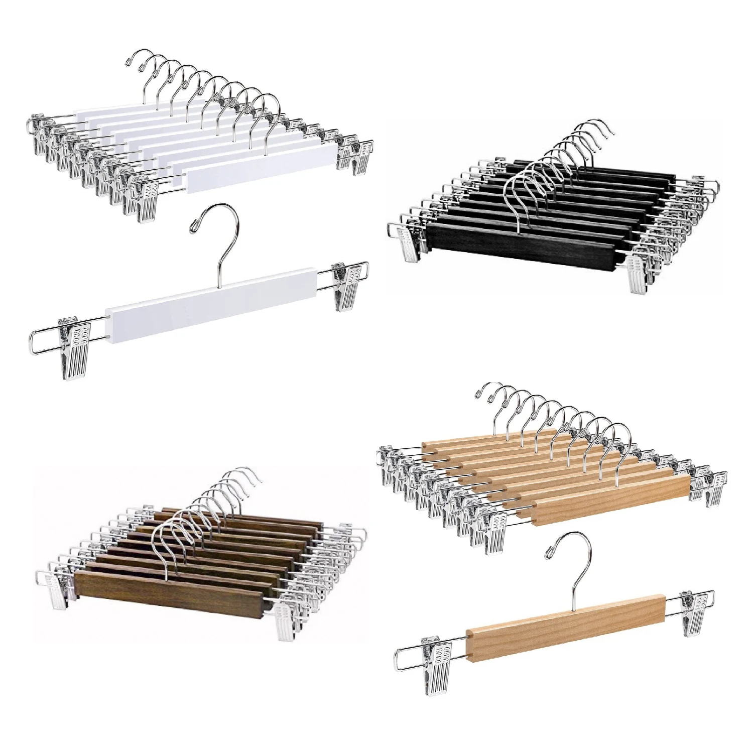 Wooden Clothes Hanger with Clips - 31cm Length, 1.2cm Thick, 360° Rotating Hook, Non-Slip Rubber Padding, Suitable for Pants, Shorts, Skirts, and Undergarments, High-Quality Metal and Wood Construction, Set of 10