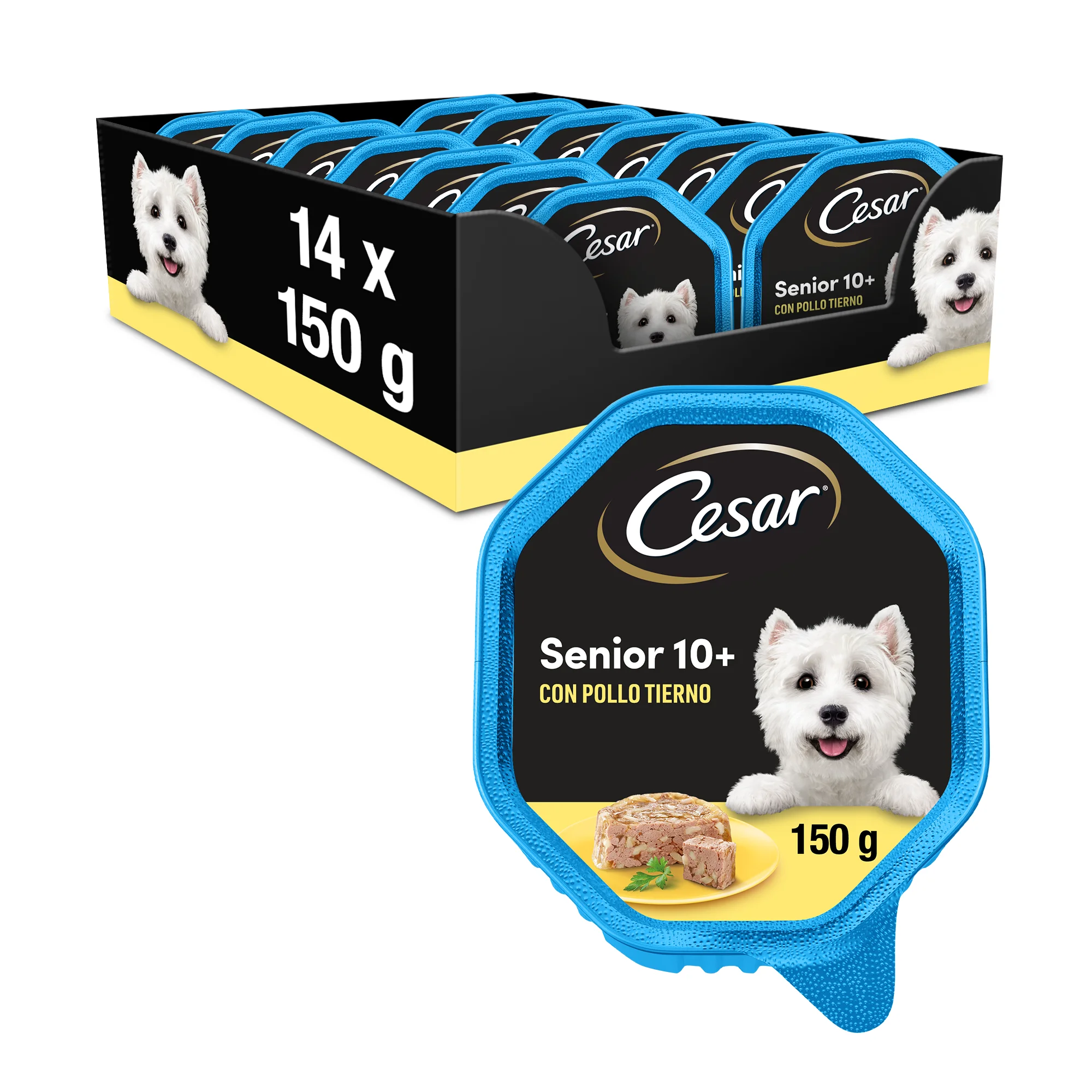 Cesar Comida Húmeda para Perros Senior en paté con Pollo y Arroz (Pack de 14 Tarrinas x 150g)