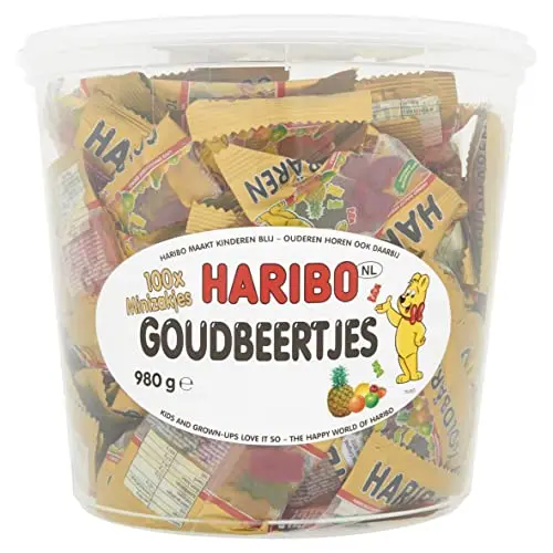 Haribo - Mini Ositos Oro, cubo de plástico con 100 Bolsitas, 1000 gr. 100 bolsitas de 10 gr de ositos de gominola en Haribo en cubo de Pet transparente.