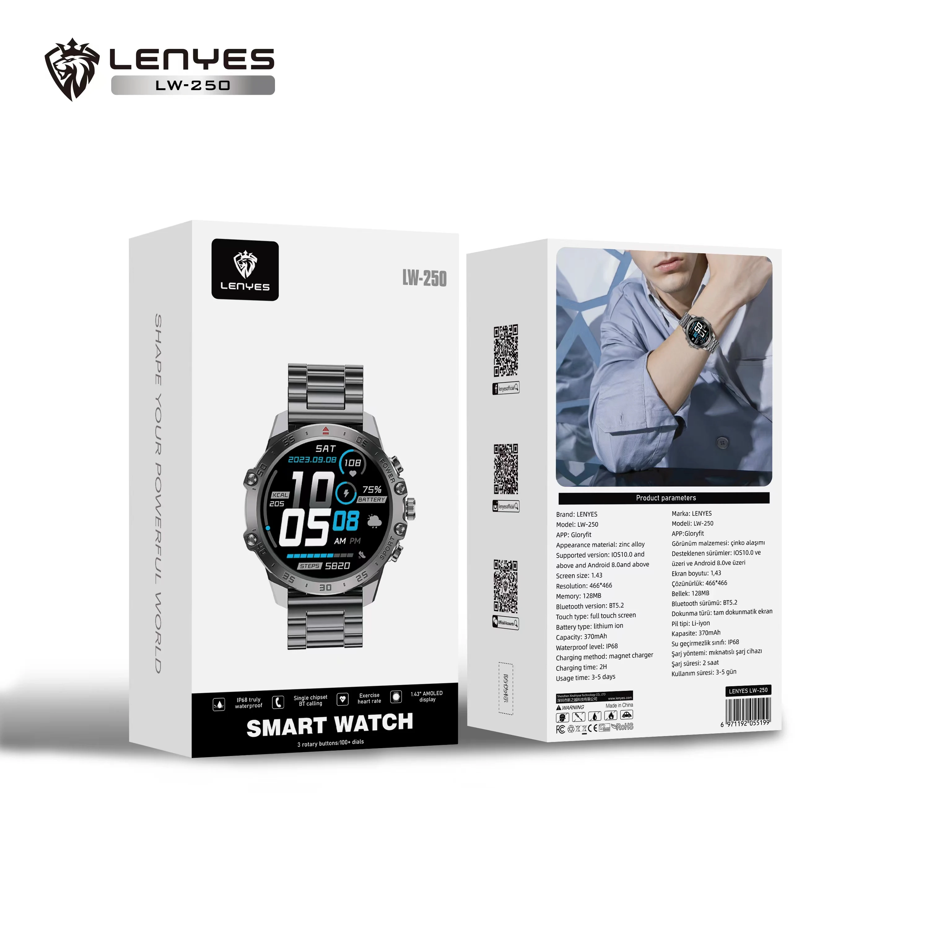 Reloj inteligente LENYES LW-250: pantalla AMOLED táctil de 1,43'', resistencia al agua IP68, monitor de ritmo cardíaco y sueño, Bluetooth 5.2, app GloryFit y carcasa de aleación de zinc