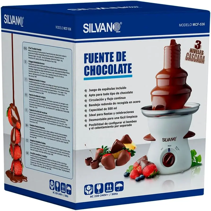 Silvano 3 tier chocolate fondue fountain, 80w, electric stainless chocolate warmer machine, hot and melt chocolate, butter and cheese, ideal for parties, events and weddings. excellent for chocolate lovers, 500 ml.