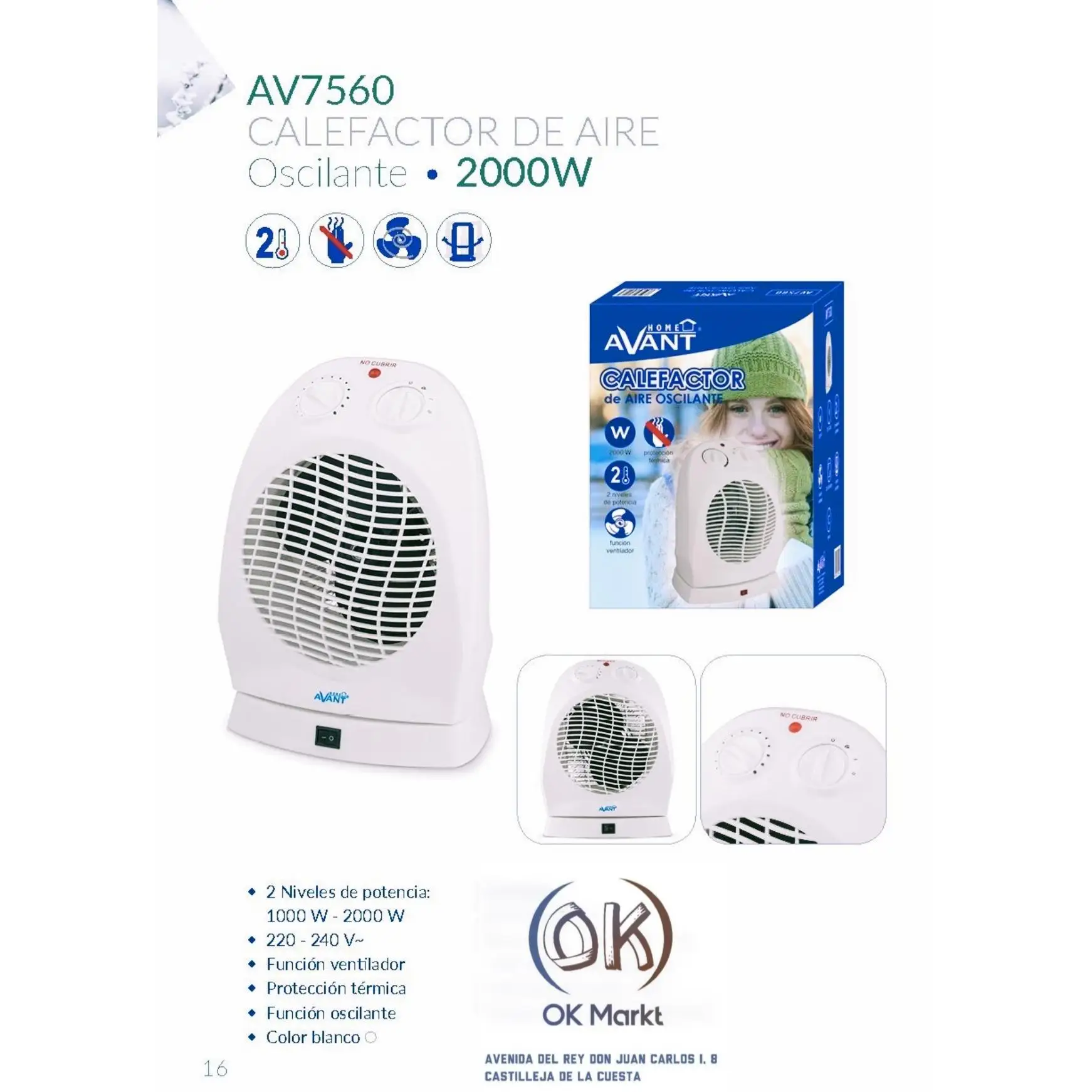 Quality oscillating air heater Avant 2000W 220V-240V 2nivles power 1000W and 2000W thermal protection and function white fan