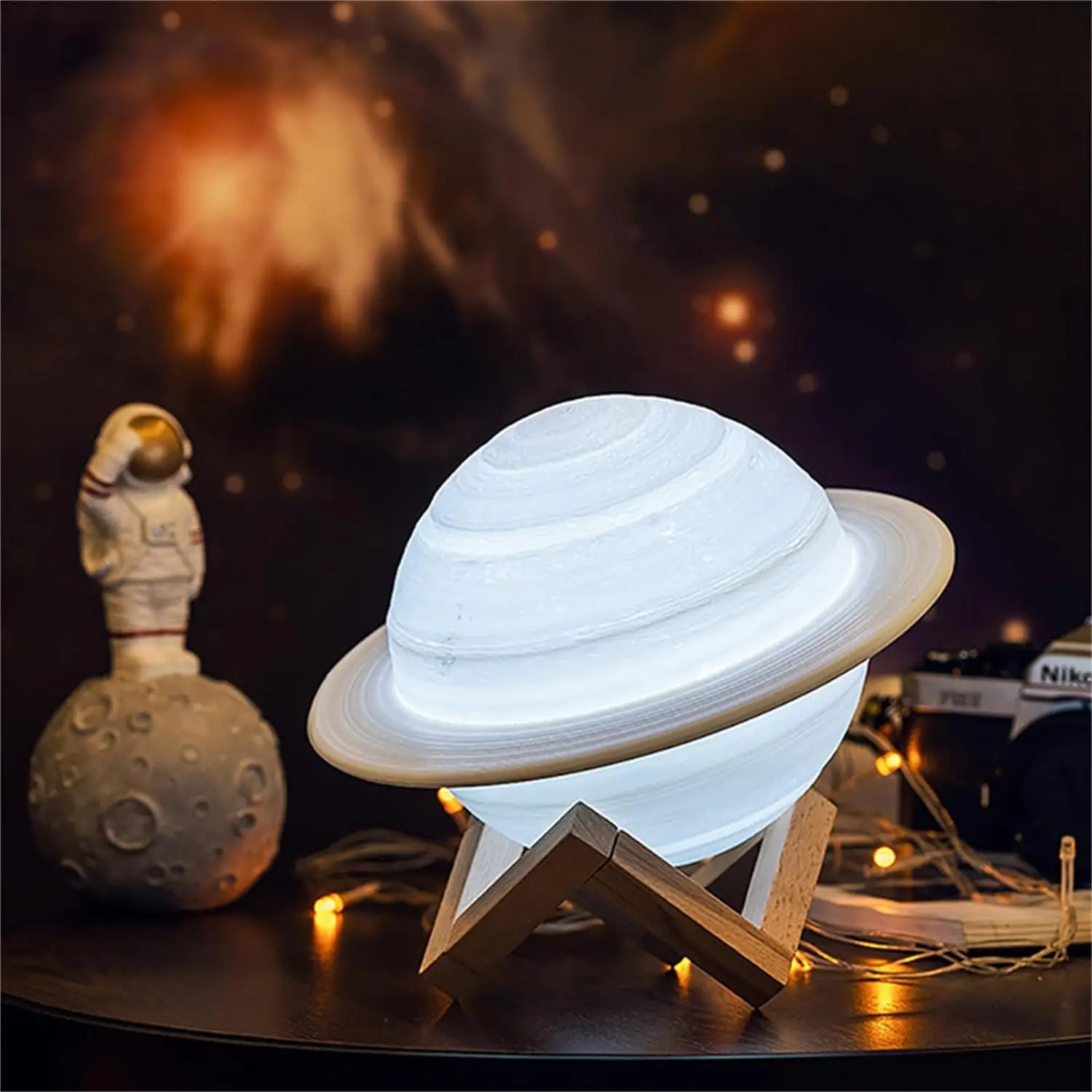 Saturn Lamp Moon Lamp 3D Galaxy Lamp 16 Colors LED Moon Light 3D USB Reable Remote Control Touch With Wooden Stand, Mare Shaped Night Lamp For (8 Inch), M2 Tec