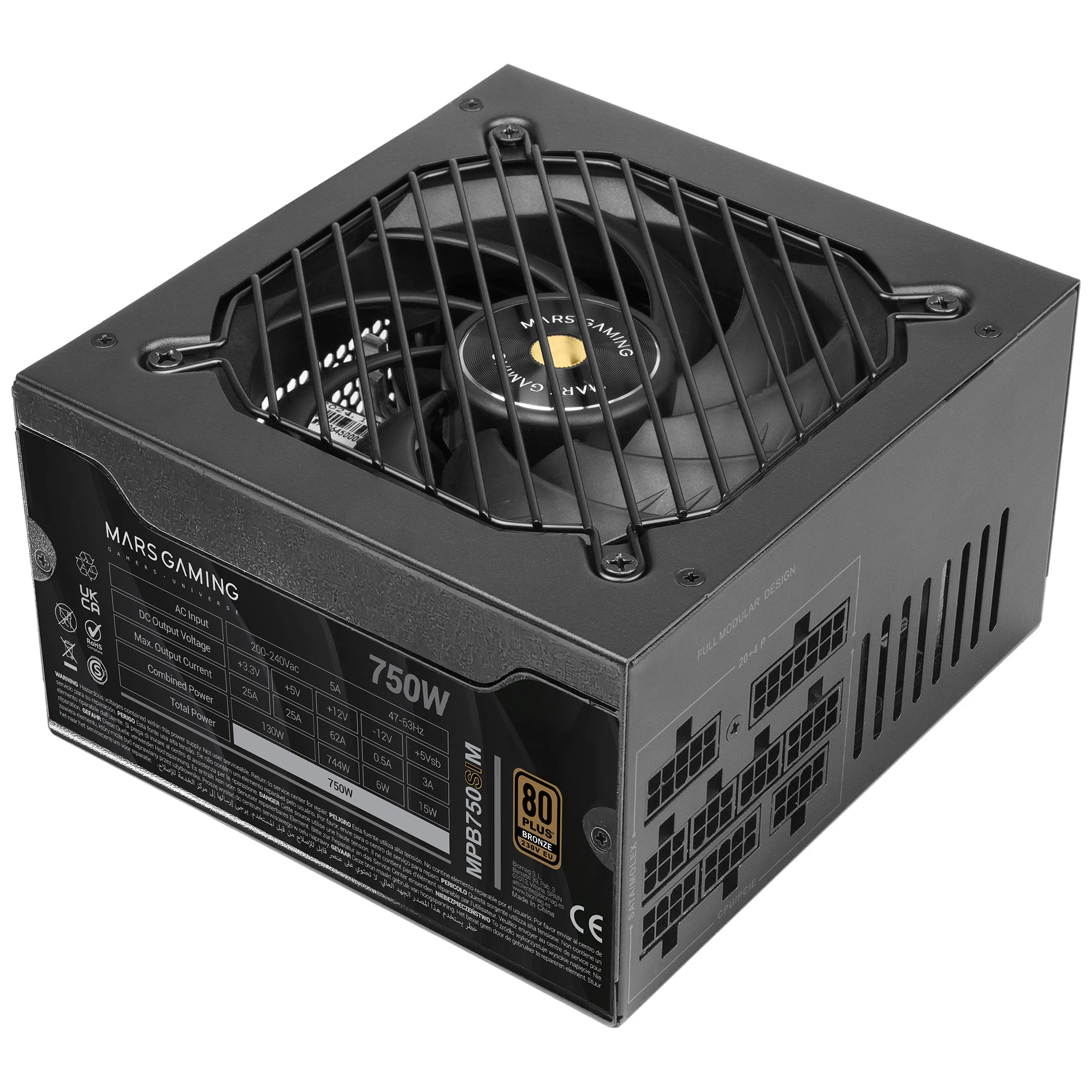 Mars Gaming MPB750SIM, Fuente Alimentación Full Modular ATX 750W, 7 Años Garantía, 80Plus Bronze 230V EU, 90% Eficiencia, Ventilador SI Extreme Silence 140mm, Tecnologías AI2-RPM, DC-DC y SMD, Fuente
