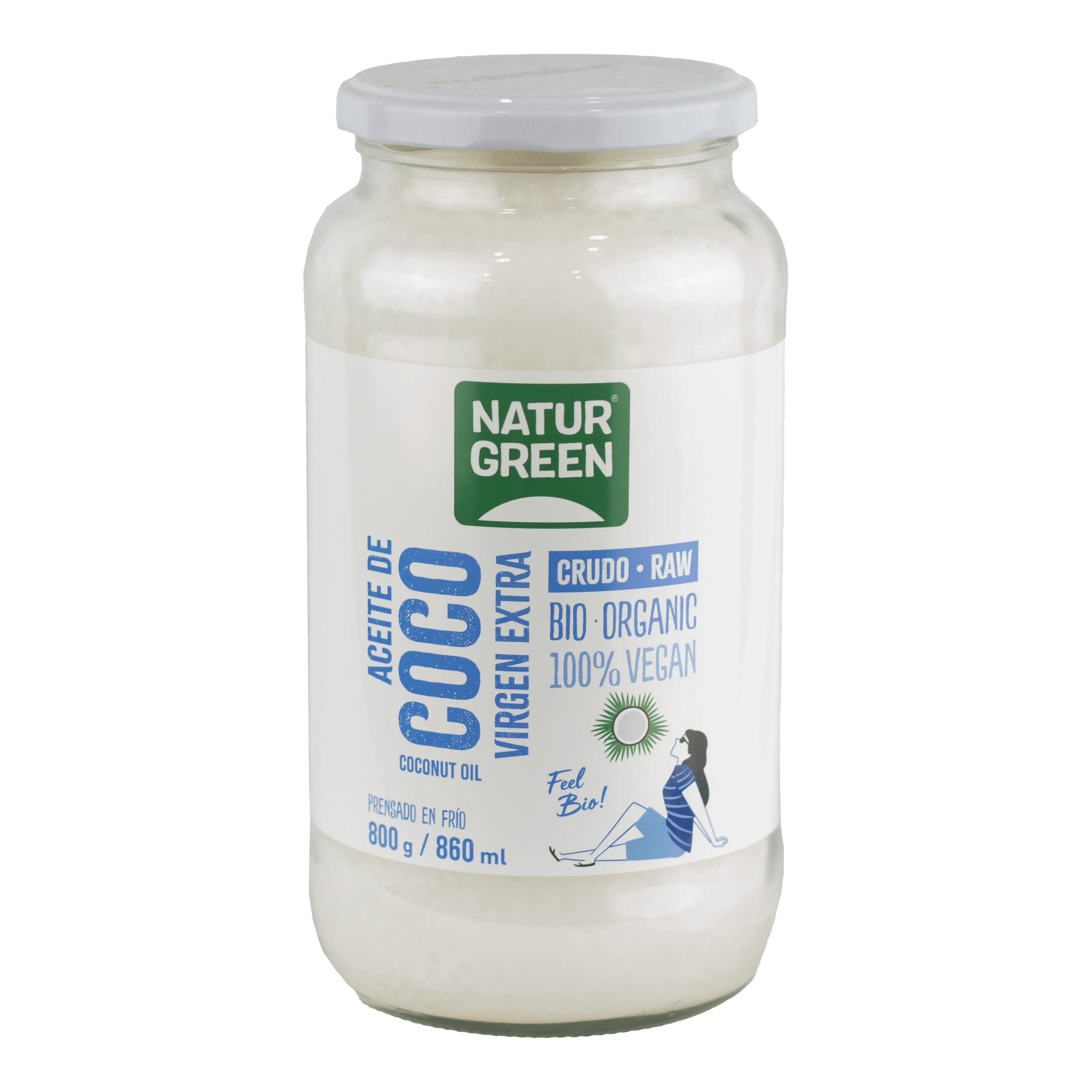 Aceite de Coco Virgen Bio en Tarro 800g Prensado en frío y sin refinar Uso alimentario y cosmético 100% ecológico y vegetal NATURGREEN