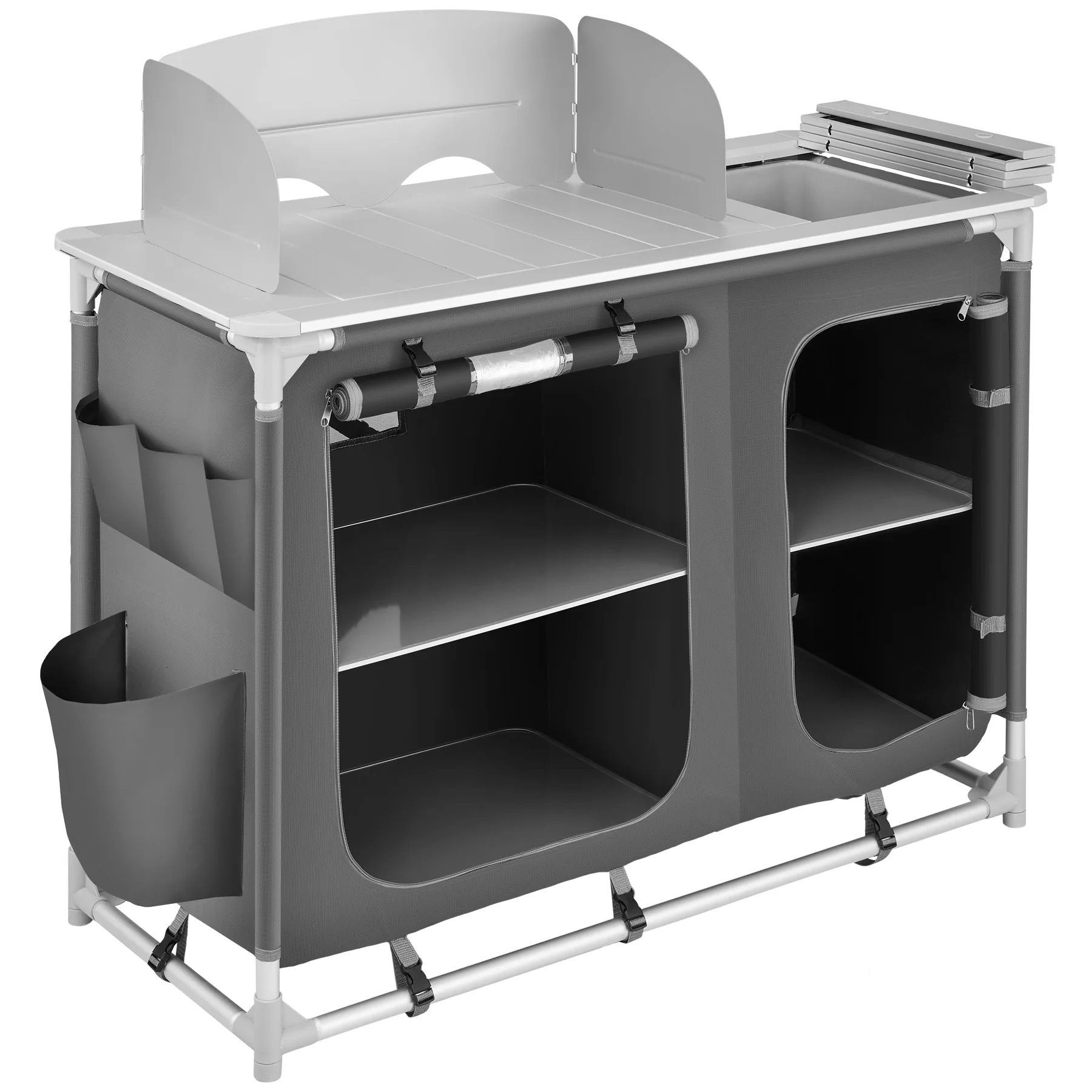 Tectake - Cocina de camping 116 x 52 x 107 cm - Cocina plegable de madera y aluminio | Cocinilla de camping para cocina de gas con bolsa |  Con patas ajustables | Cocina para camping con paravientos | Con espacios de almacenamiento