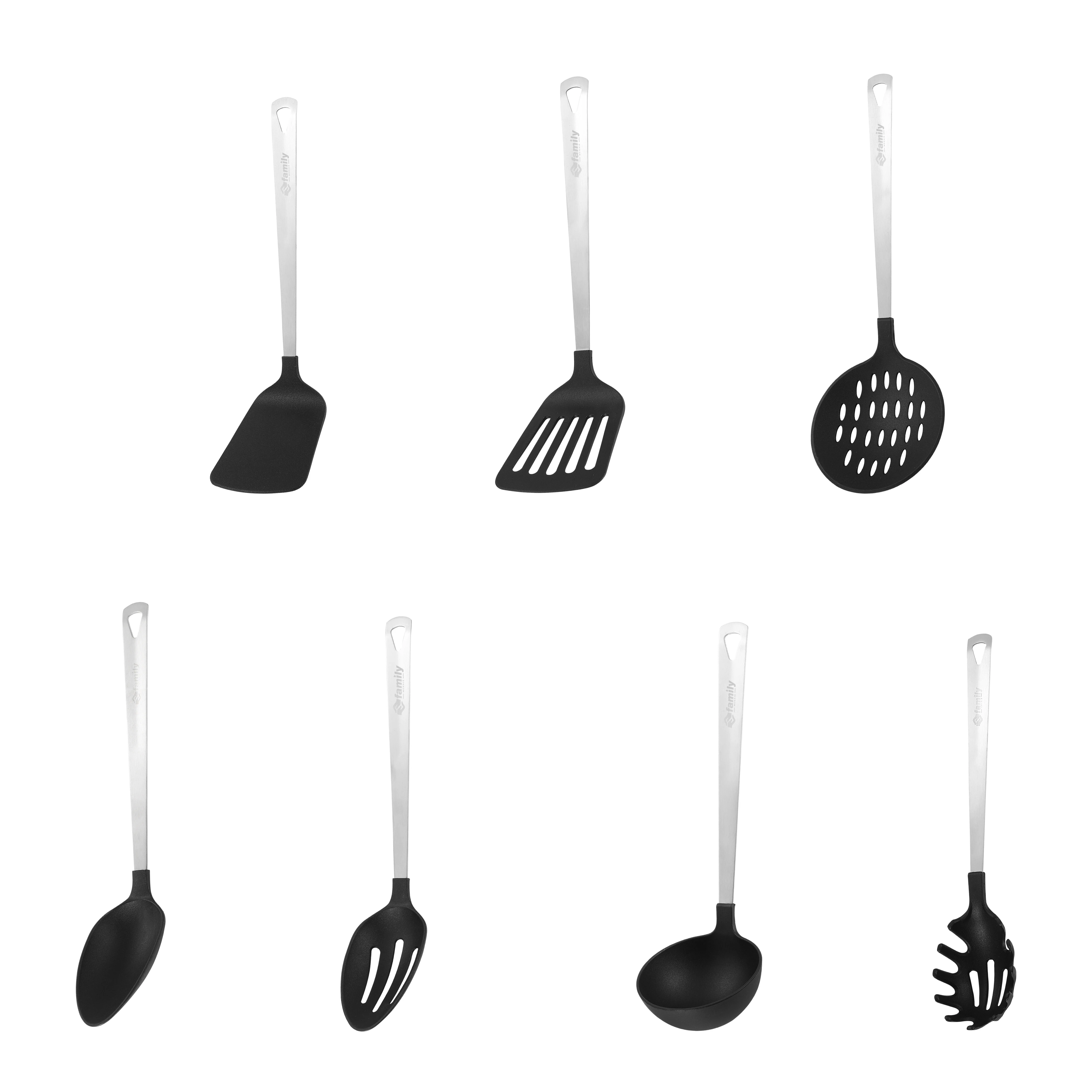 Family - Utensilios de Acero y Nylon para Cocina Antiadherente y Resistentes al Calor  sin BPA  Espátula  Cucharón  Espumadera  Cazo de servir  Cuchara espagueti