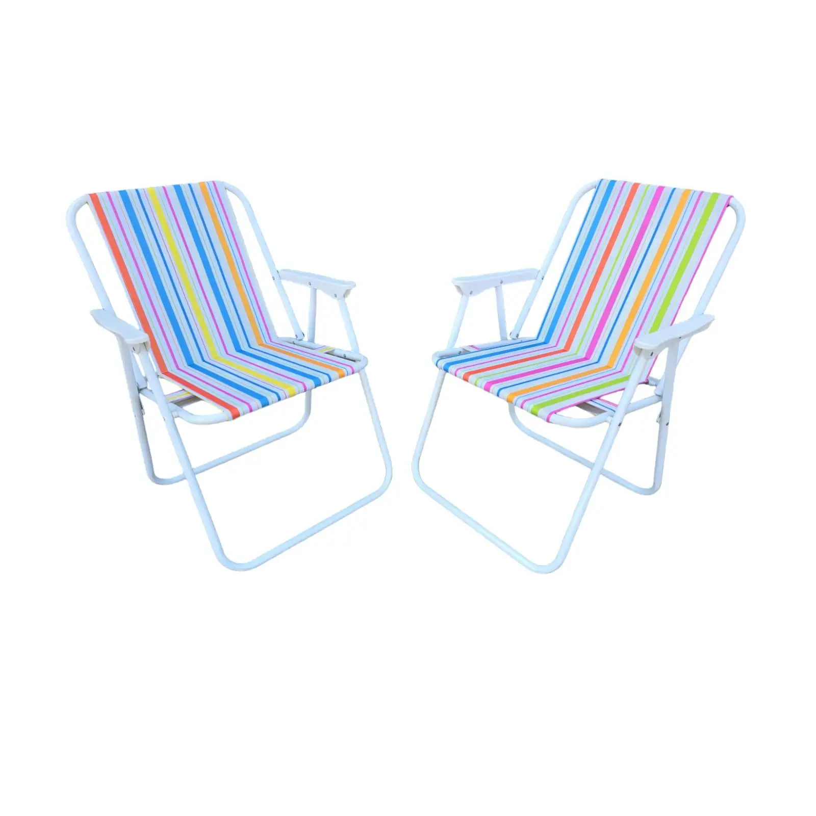 2 PACK Collapsible Cheap Beach Chairs with Armrest, 72CM, Heavy Duty Steel Structure, Waterproof Canvas Seat, Striped Pattern, Beach or Camping