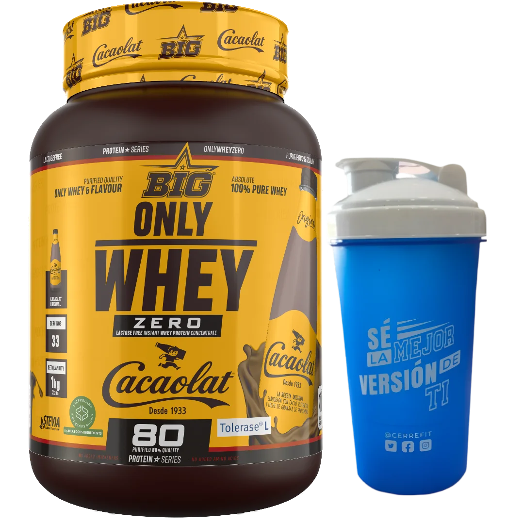 ONLY WHEY (1KG) Cacaolat - Big + mezclador ALEATORIO Baja en lactosa Alta calidad Delicioso sabor Nutritiva