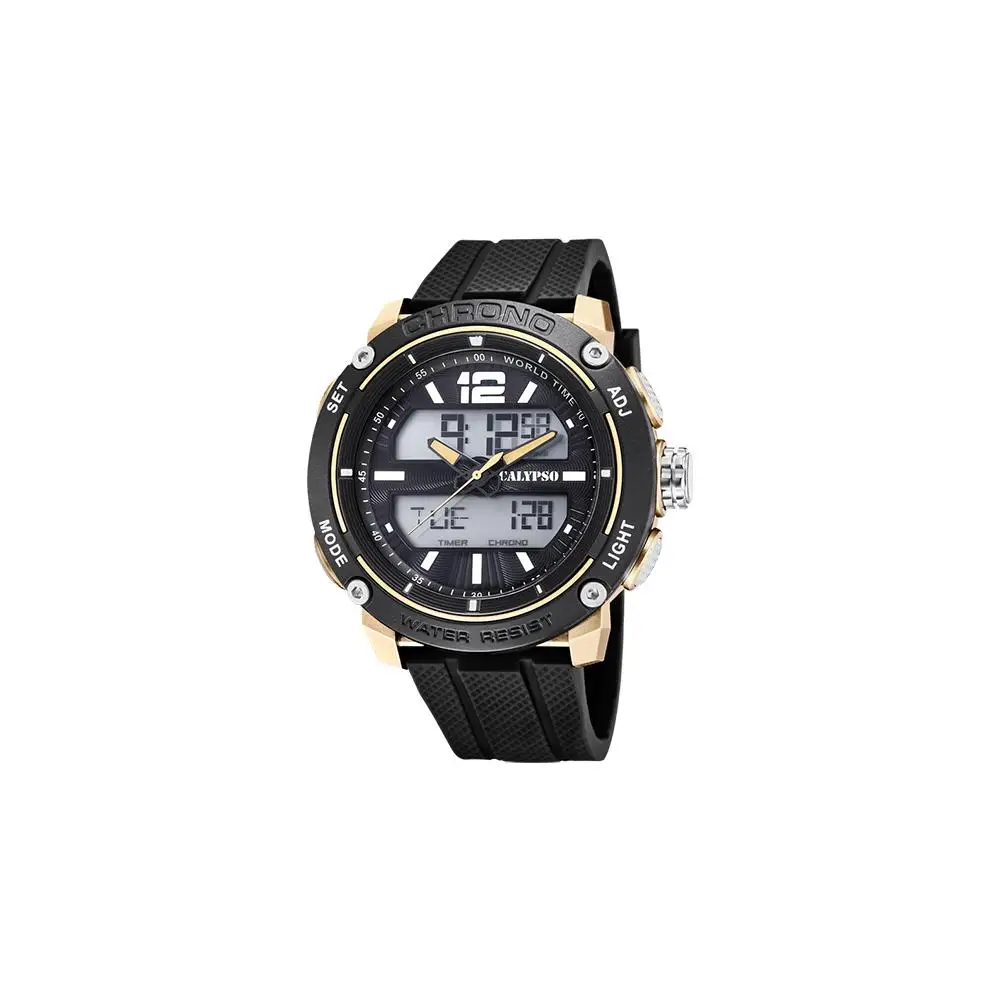 Calypso man K5796/3 analog-digital watch with black/gold case and black rubber strap