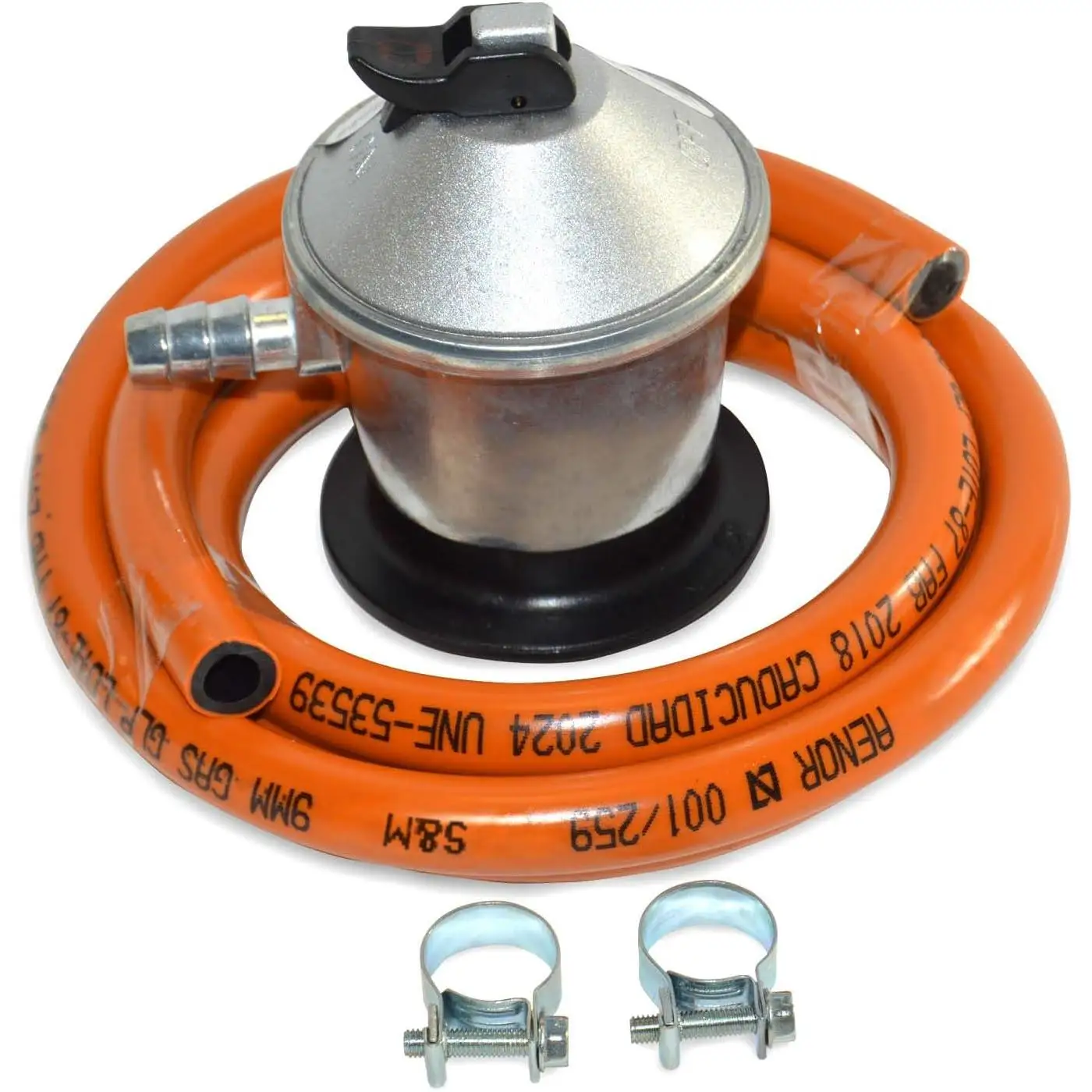Kit completo de conexión Qbak para bombona de gas butano o propano — Regulador de presión de 30 mbar y abrazaderas metálicas incluidas, ideal para cocinas portátiles, barbacoas, calentadores
