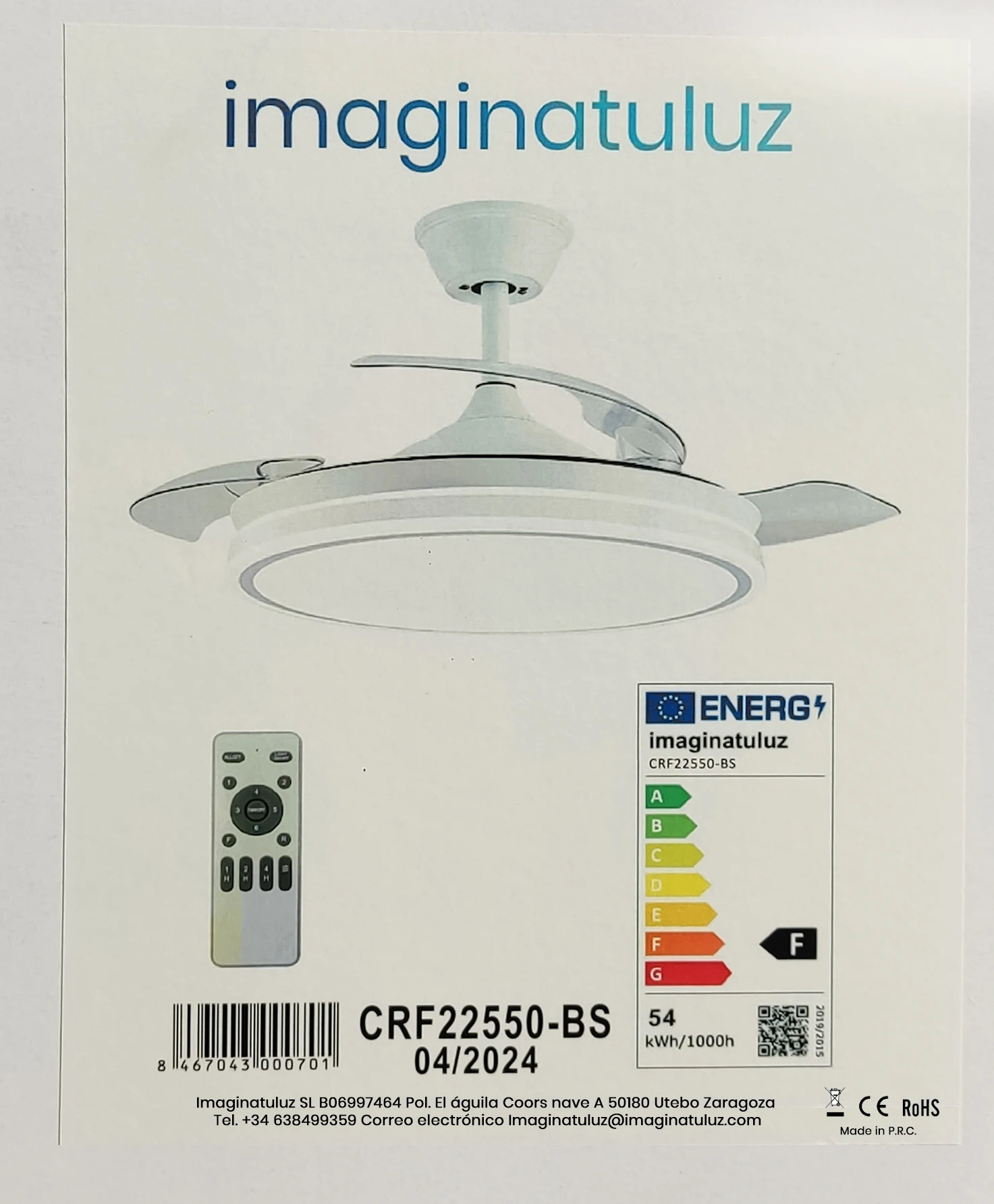 Retractable fan Florida MINI-IMAGINATULUZ, 48w white color with 3 blades 4800lm light tone 3000-4000-6000k remote control timer and color memory-DC Motor 6 speed