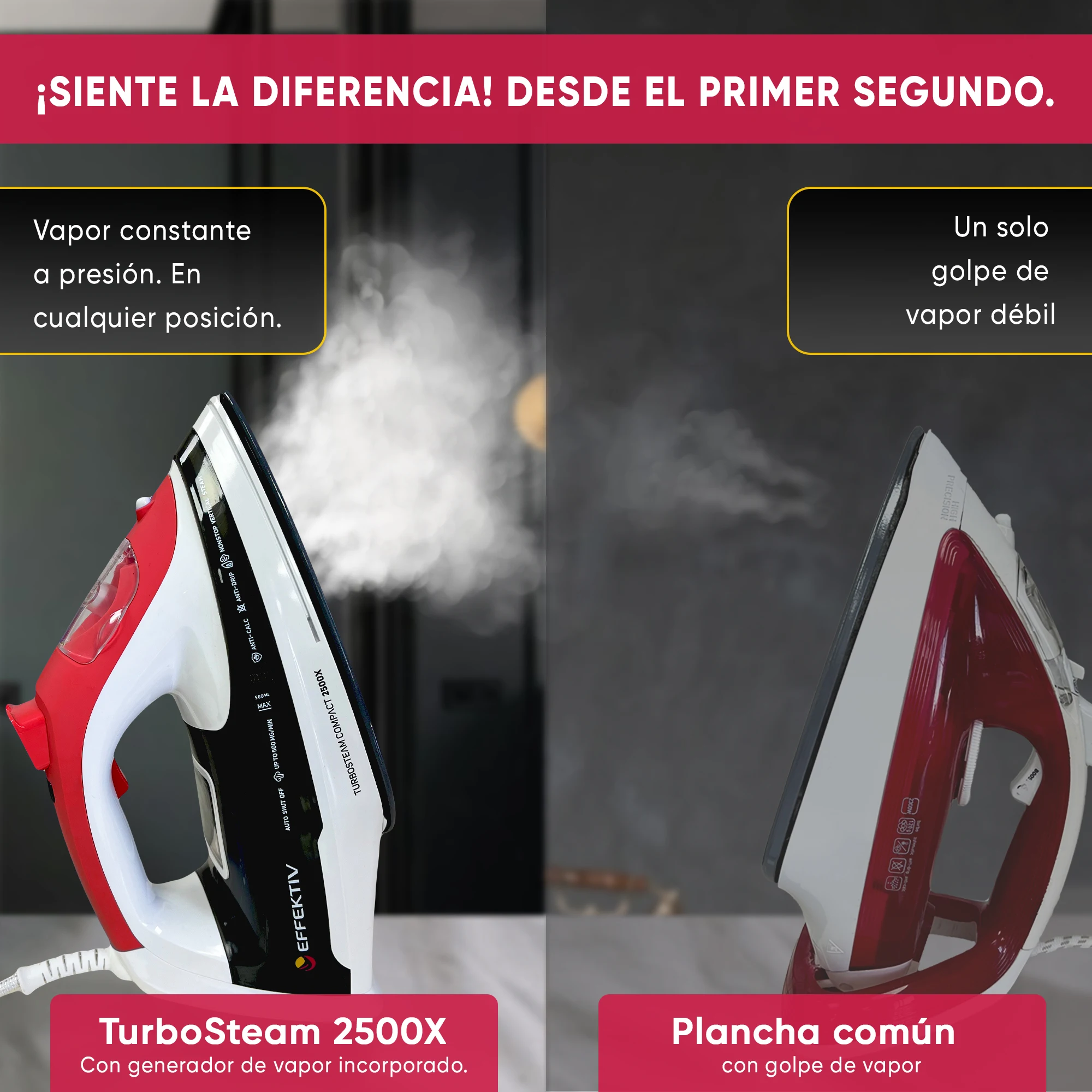 EFFEKTIV - Steam Iron 2500 X, a versatile 3-in-1 iron with ceramic soleplate, 2800W power, 5 modes including vertical steam, 990 mg/sec continuous steam, and automatic shut-off for safety, ideal for all fabric types.