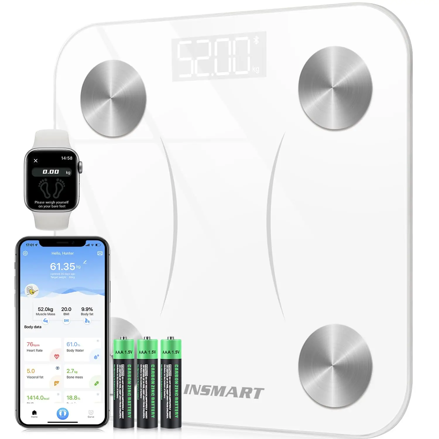 INSMART bathroom scale Bluetooth body and muscle fat scale, Digital bathroom weight scale with smart APP, 13 IMC Visceral weight body composition, 180kg White