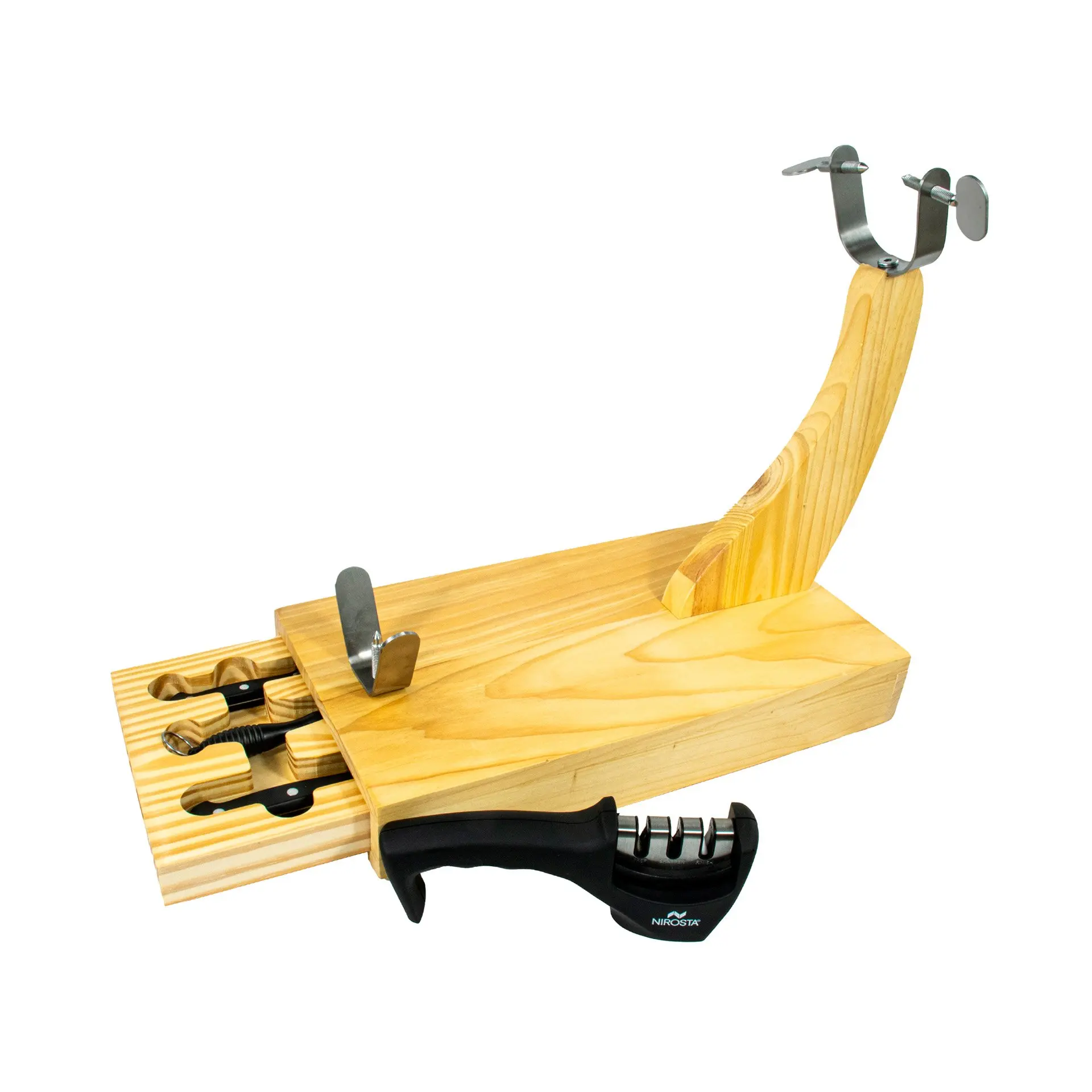Fackelmann Set Soporte Jamonero con Cajón Extraíble con función de Tabla de Cortar,  Incluye Cuchillo Jamonero, Chaira de Afilado y Cuchillo Auxiliar y Afilador de Cuchillos  Nirosta 3 Pasos