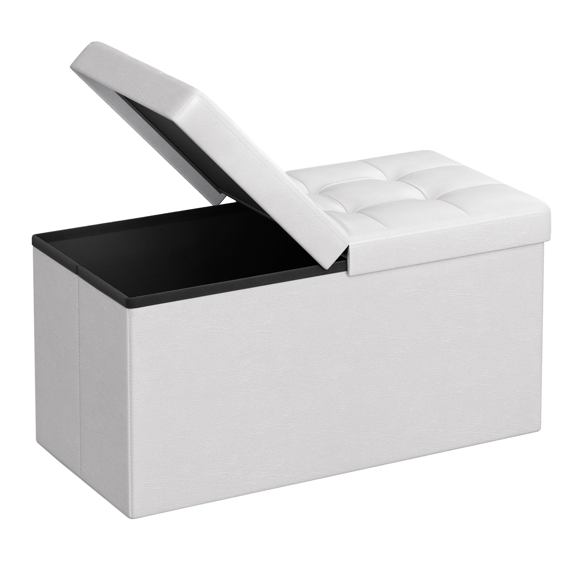 SONGMICS Puff Almancenaje, Banco Almacenaje, Banco con Tapa Plegable, Capacidad de 89 L/120 L, con Asiento Acolchado, 38 x 76 x 38 cm/38 x 110 x 38 cm, Blanco