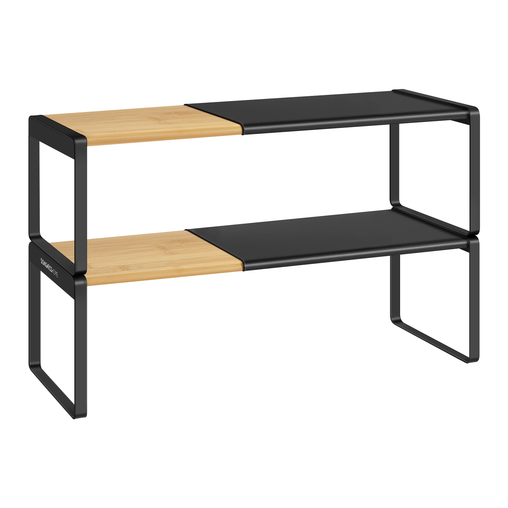 SONGMICS HOME Especiero, Juego de 2, Extensible, Organizador de Cocina, Estante de Cocina, Organizador de Armario, Estante Pequeño, Apilable, Zapatero, Beige Natural y Negro Tinta/Beige Natural y