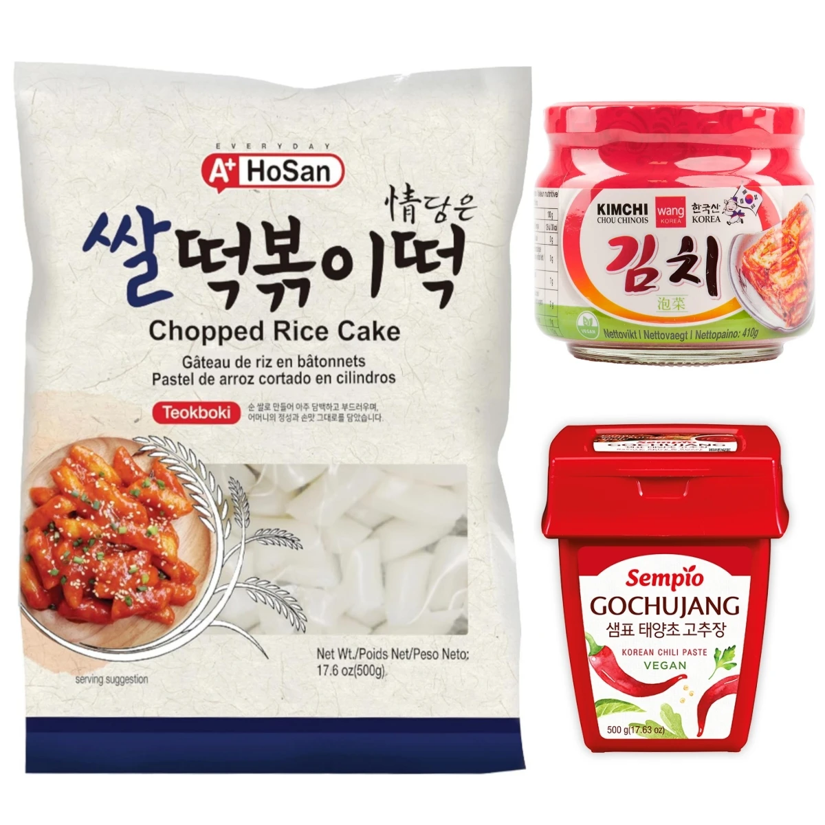 Set of 3, Teokboki Pastel de Arroz/kimchi WANG y Pasta de Chile Coreana, Dulce, Sabrosa y Picante.Authentic sabor de Corea
