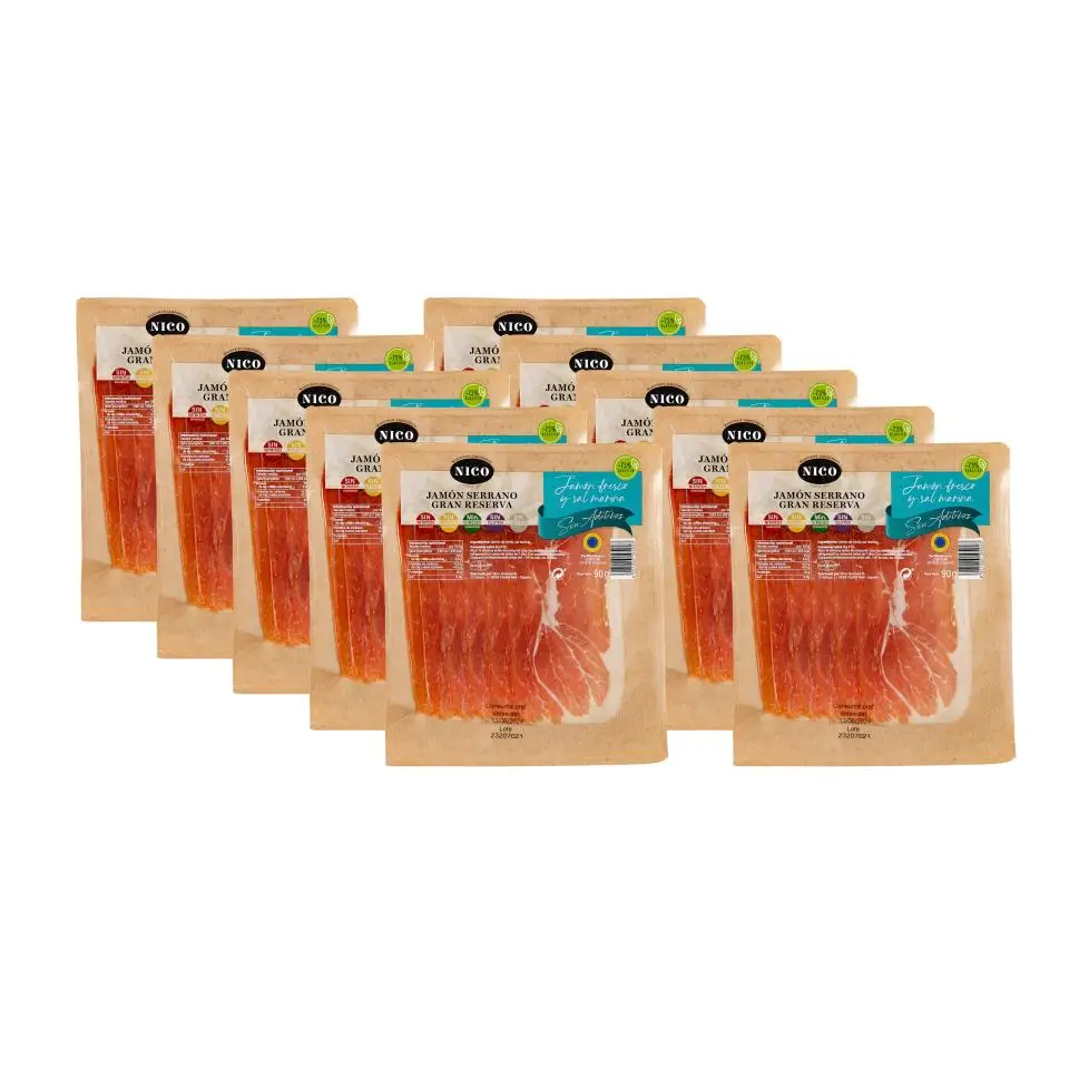 Lonchas de Jamón Serrano Sin Alérgenos para Tapas - Nico Jamones - caja de 10 blister de jamon en lonchas