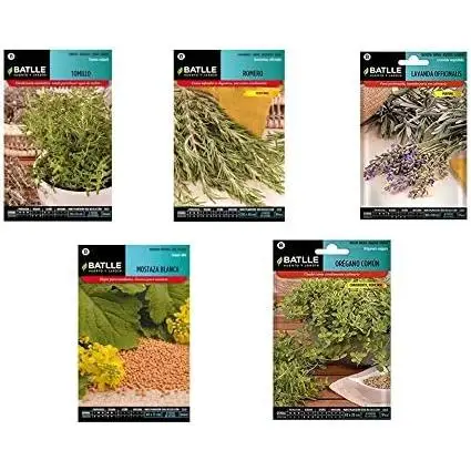 Lote 5 sobres de semillas aromáticas Semillas BATLLE (Tomillo, Romero, Lavanda, Mostaza blanca, Orégano)
