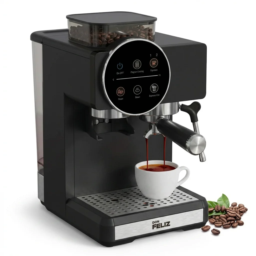 Máquina de café superautomática con Molinillo Integrado 20 Bar 1350W, Cafetera con Tolva de Granos 100g, Depósito 1.8L, Portafiltro 51mm, Vaporizador de Leche, Espresso Frío y Caliente, Cappuccino, Doble Espresso, Don Feliz