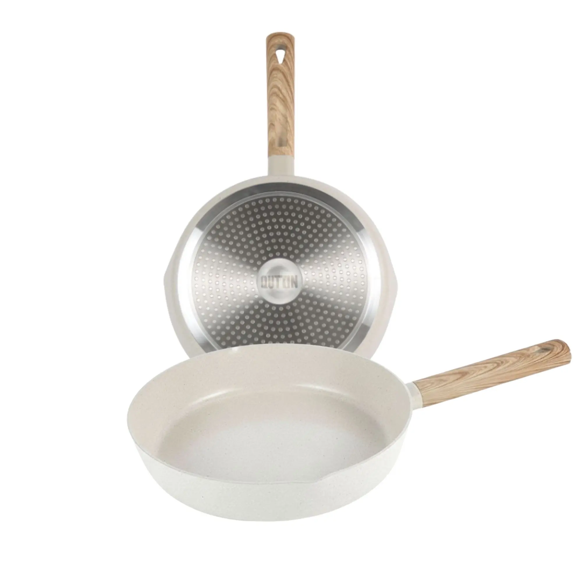 Quttin | Colección Ecook de Sartenes, Wok, Asadora, Cacerolas y Cazo (16 cm a 30 cm) Antiadherentes de Cerámica PFAS Free, Aluminio Reciclado, Sin Tóxicos, Aptos para Inducción, Gas, Vitro, Eléctrico y Halógeno, con Mango o Asas en Detalle de Madera