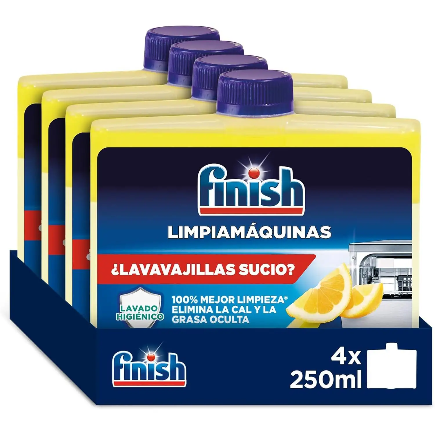 Finish Limpiamáquinas, Limpia lavavajillas de aroma Limón contra el mal olor, la cal y la grasa del lavaplatos 4 unidades x 250 ml, Total 1 litro