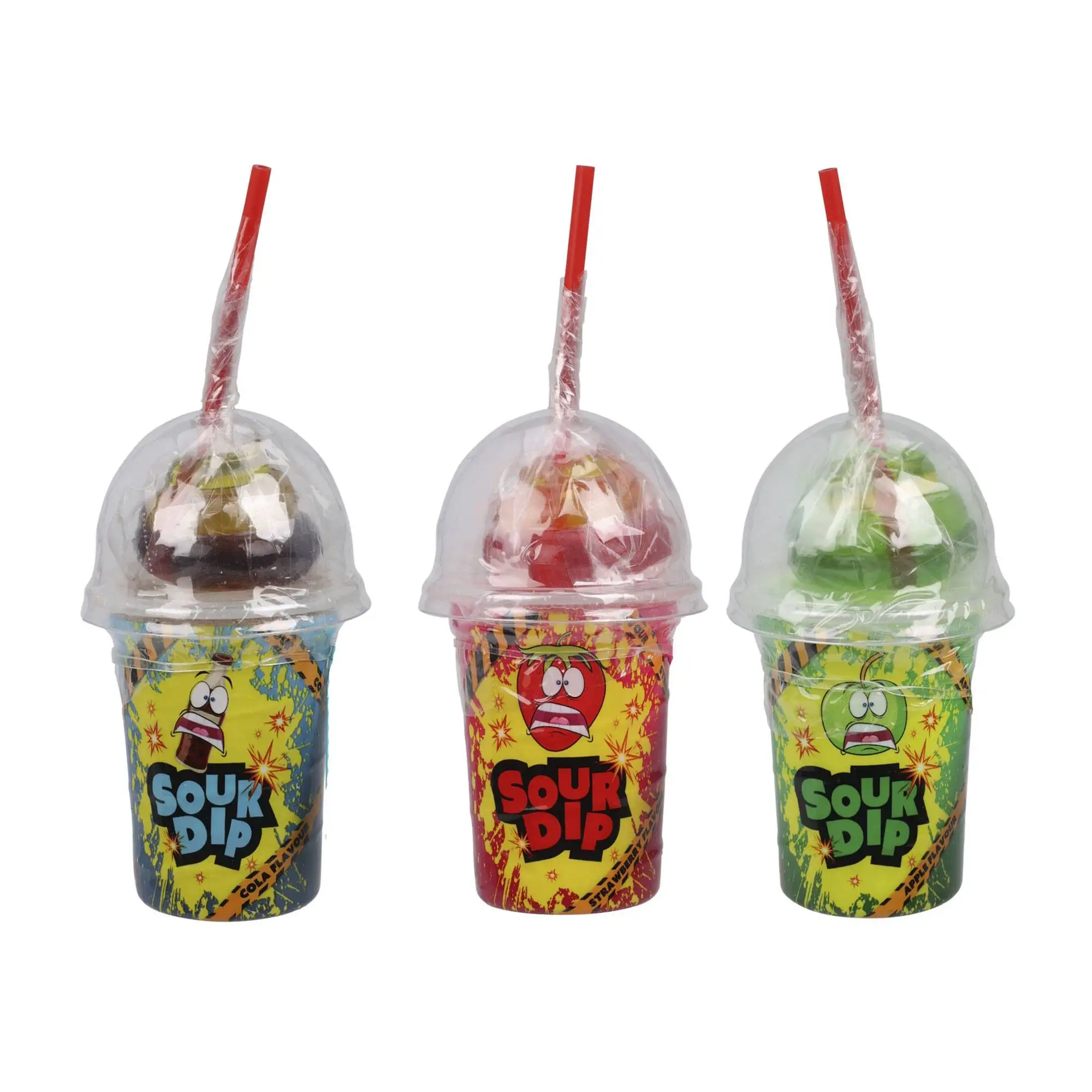 Plastic glass full of pica-pica and a candy with random flavor stick (strawberry or Apple or cola)