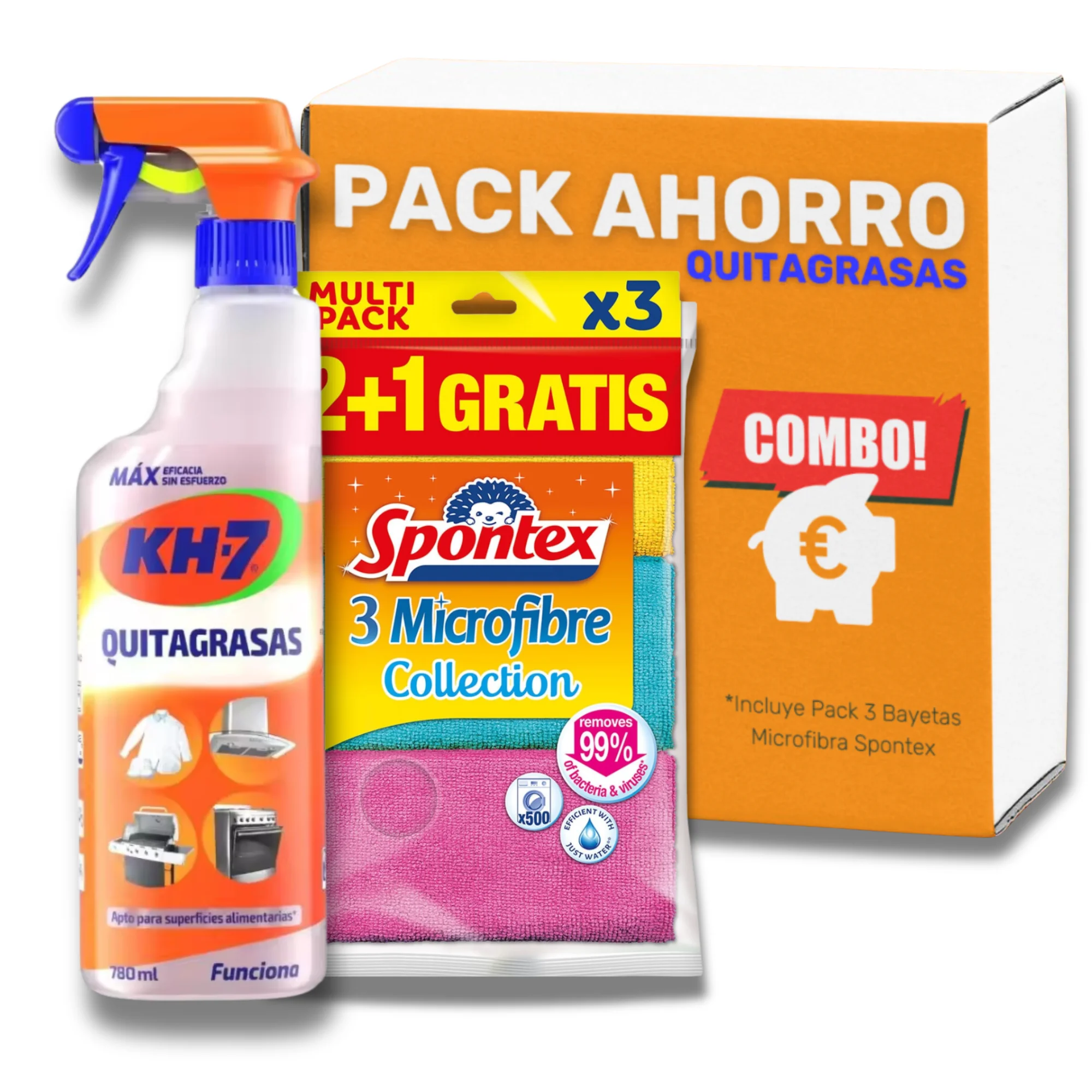 Kits Kh7 + 3 Bayetas GRATIS  Elige entre KH7 Quitagrasas - KH7 Cocinas - KH7 Baños - KH7 Desic - REGALO 3 Bayetas Spontex. Pistola de 750 ml.