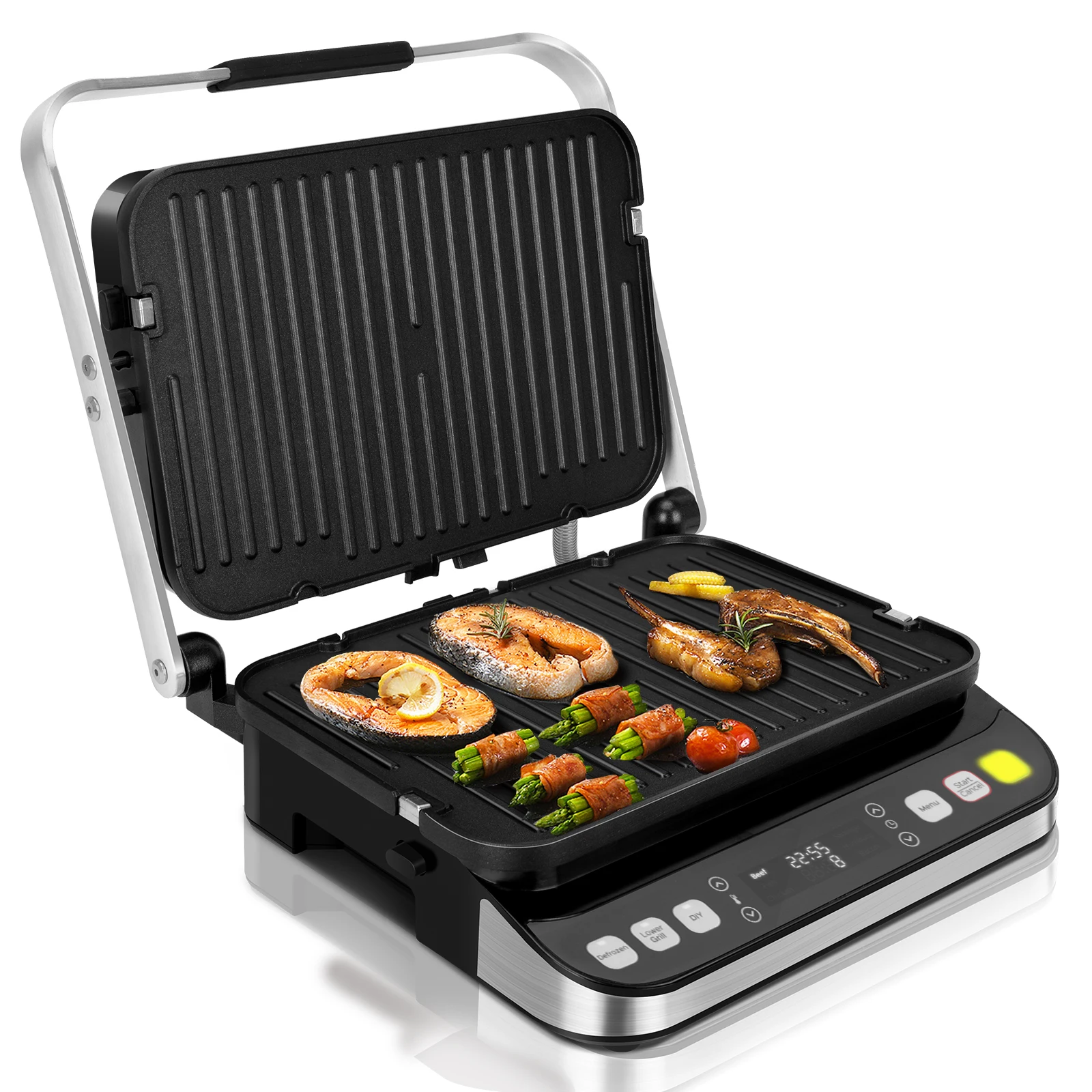 Taylor Swoden Aroma - Grill Eléctrico Multifunción 2000W, Sandwichera y Panini Maker, Apertura 180°, Pantalla LED, Placas Dobles Extraíbles con Control Inteligente de Temperatura