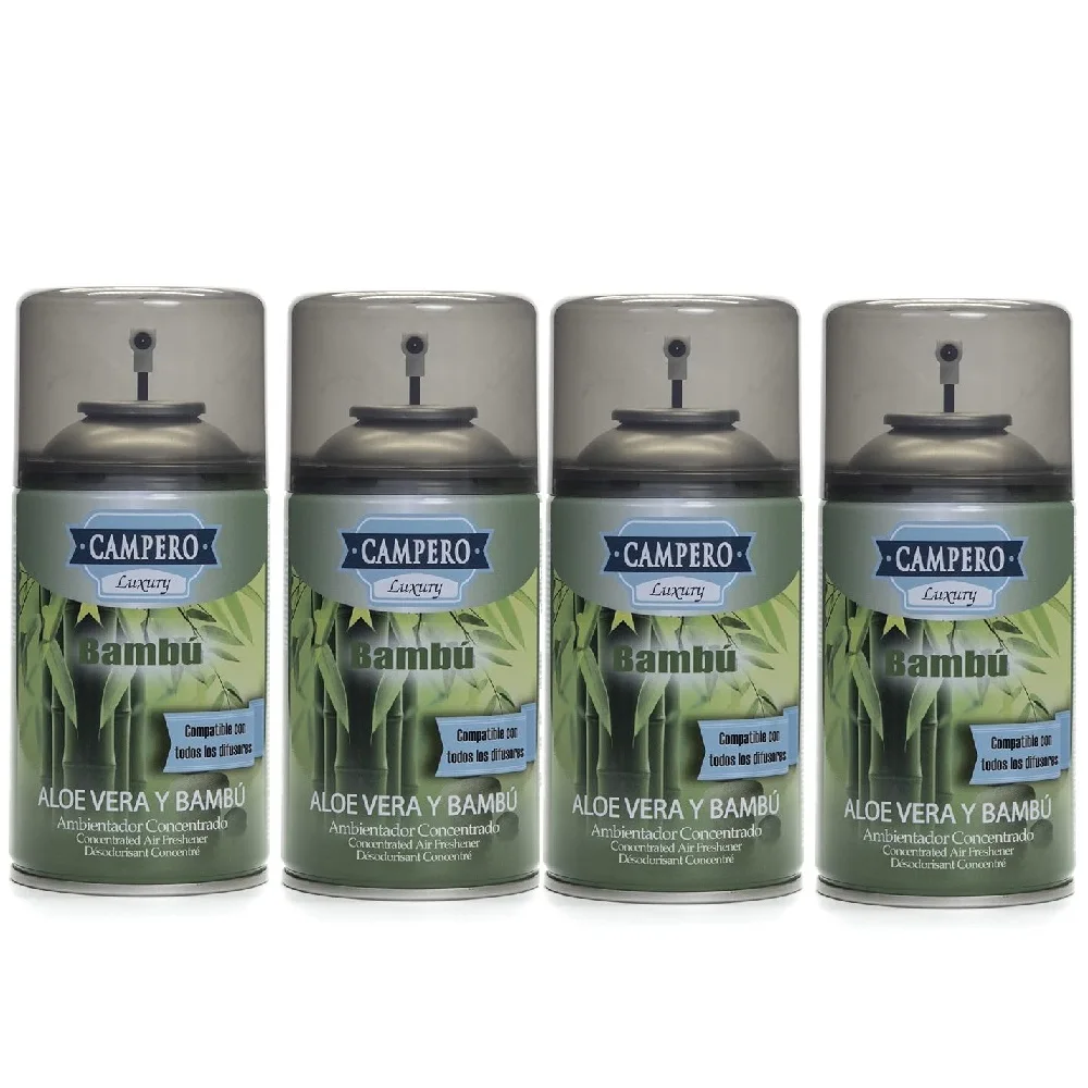 CAMPERO Tronic Luxury, Ambientador Bambu y Aloe Vera En Aerosol 250ml, Pack 4 Recambios, Dosificador Automático, Apto Para Todos Los Difusores Del Mercado, Aroma Intenso y Duradero