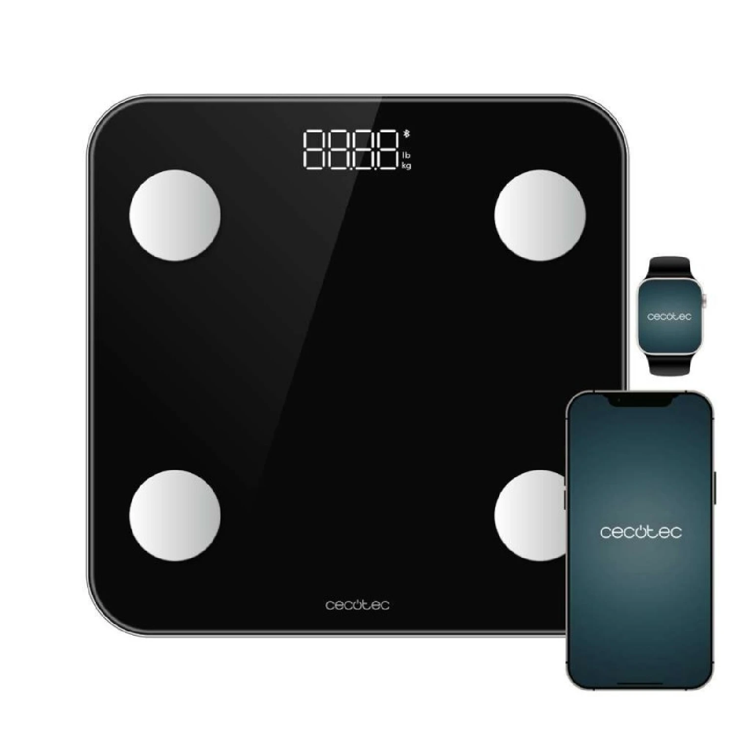 Cecotec Surface Precision Smart Body Weight Scale with Bluetooth App, 30x30cm size, 4 sensors measuring 24 parameters, maximum capacity 180kg, ideal for detailed health tracking.