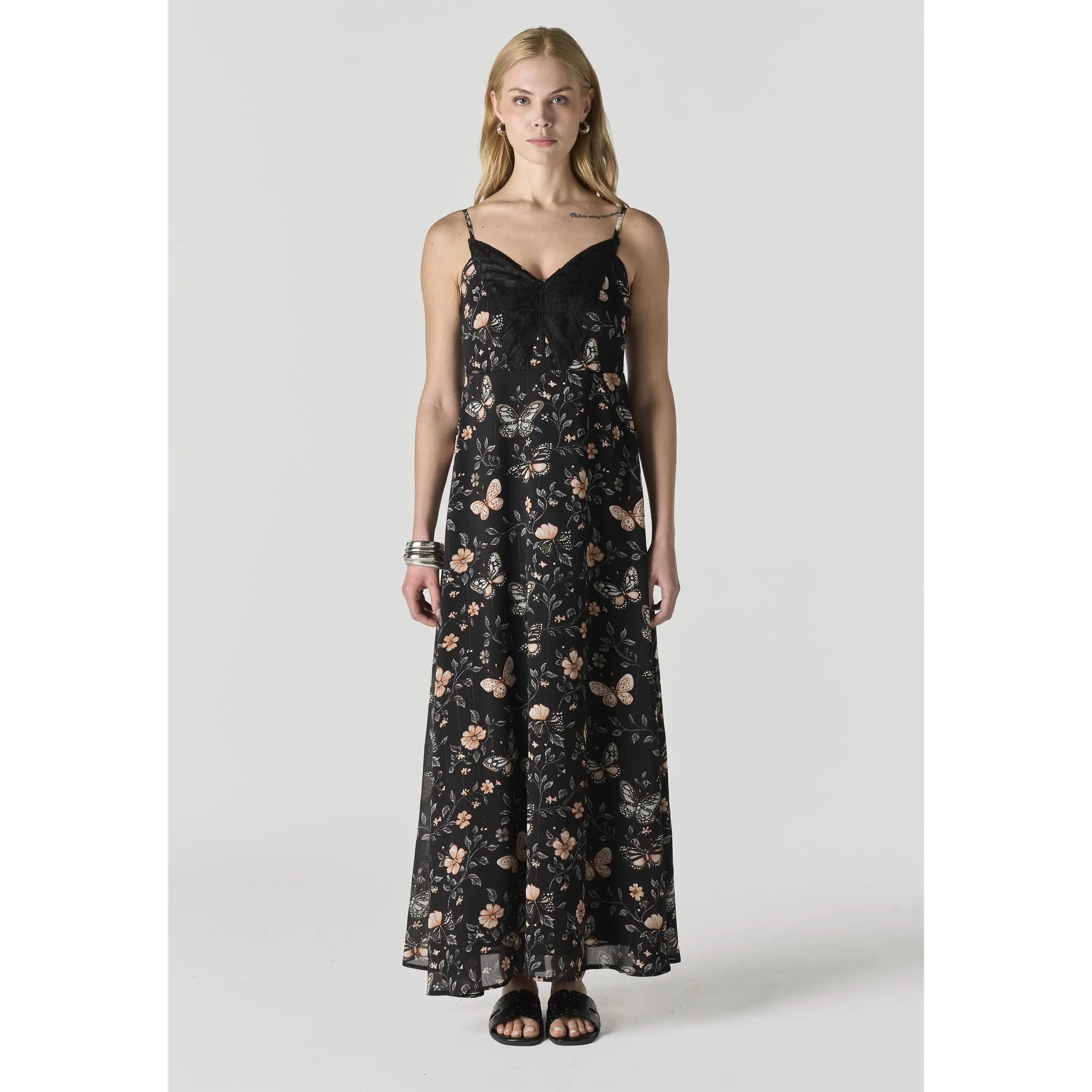 Koroshi Vestido Mujer Largo Tirantes Estampado Mariposas – Koroshi Negro