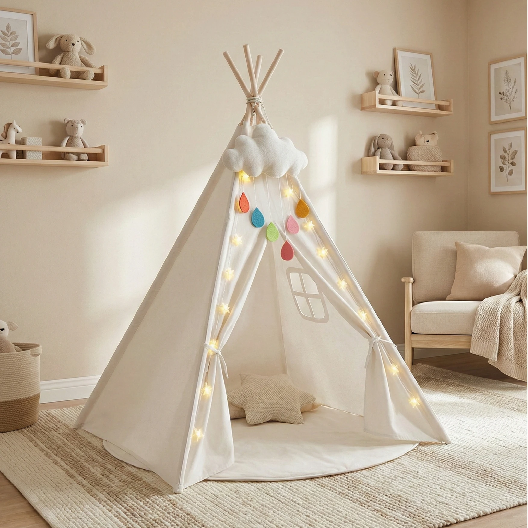 Buddy Baby Tipi - Tienda Camapaña Infantil con Luces de Estrella y Peluche Forma de Nube - Incluye Alfombra para el Suelo Acolchada - Casa de Juegos para Interiores y al Aire Libre para Niños Pequeño