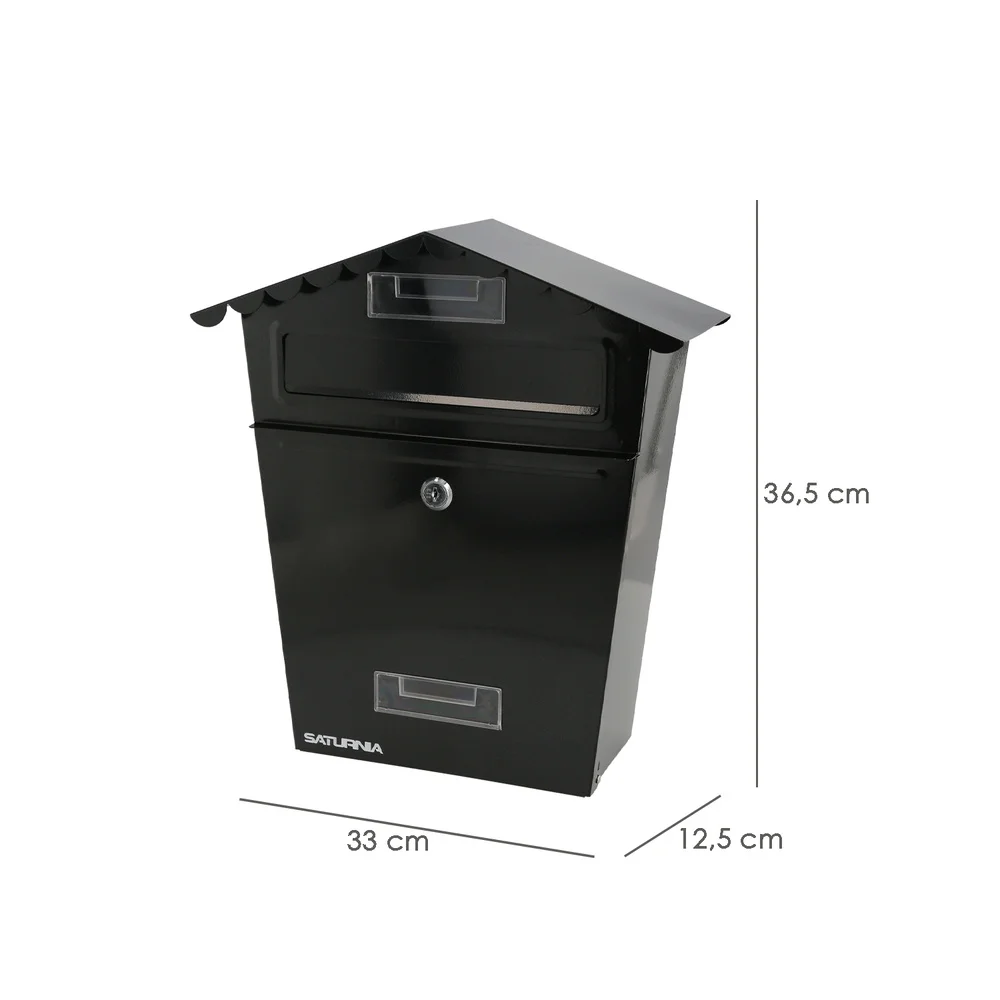 Buzon exteriores house negro 330 x 125 x 365 (alt.) mm. con tejado, acero pintado. buzon pared, buzon cartas, buzon correos
