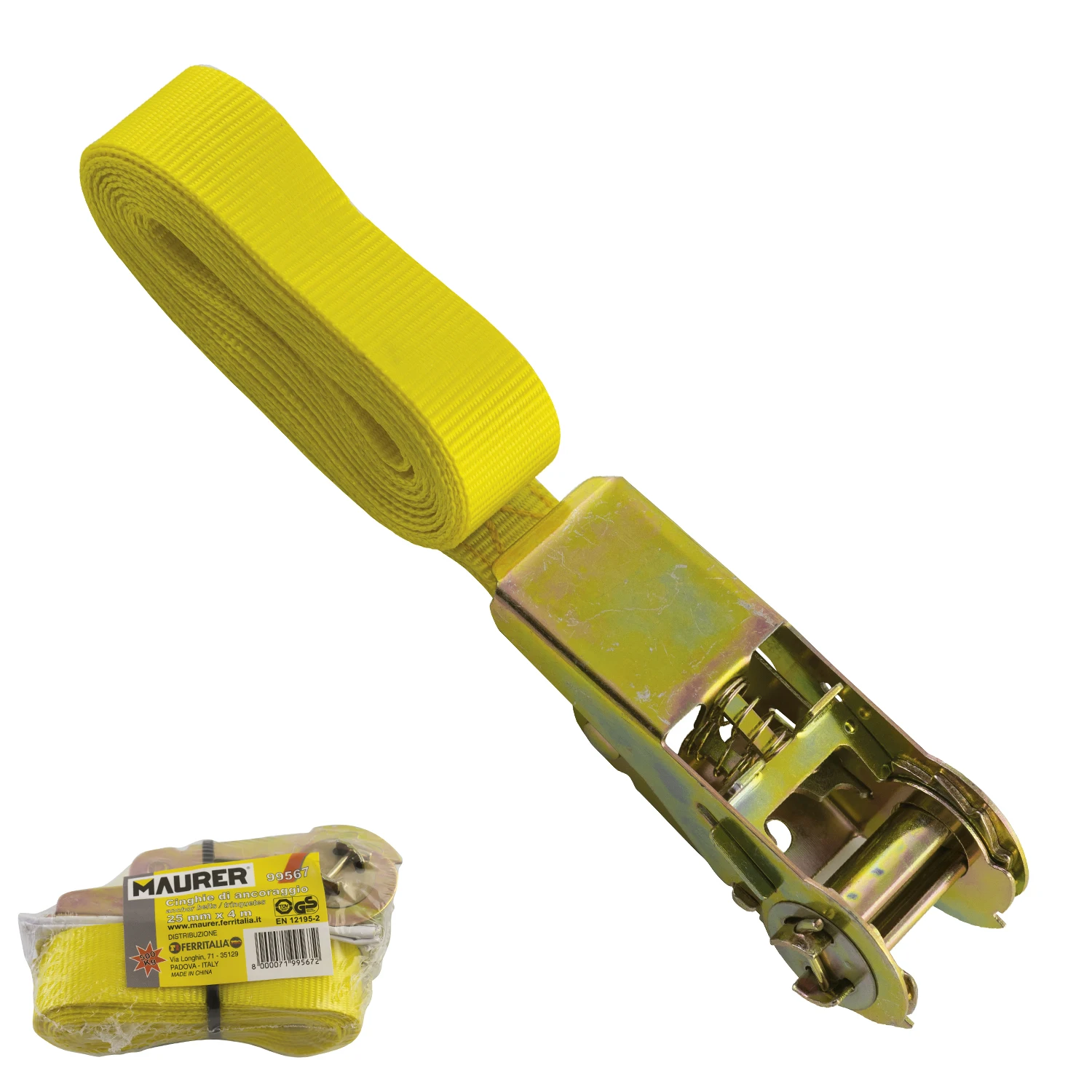 SANCO STORE - MAURER Cinta  Amarre Con Ratchet Ancho 25 mm. x  Longitud 4 Metros. 1 Pieza