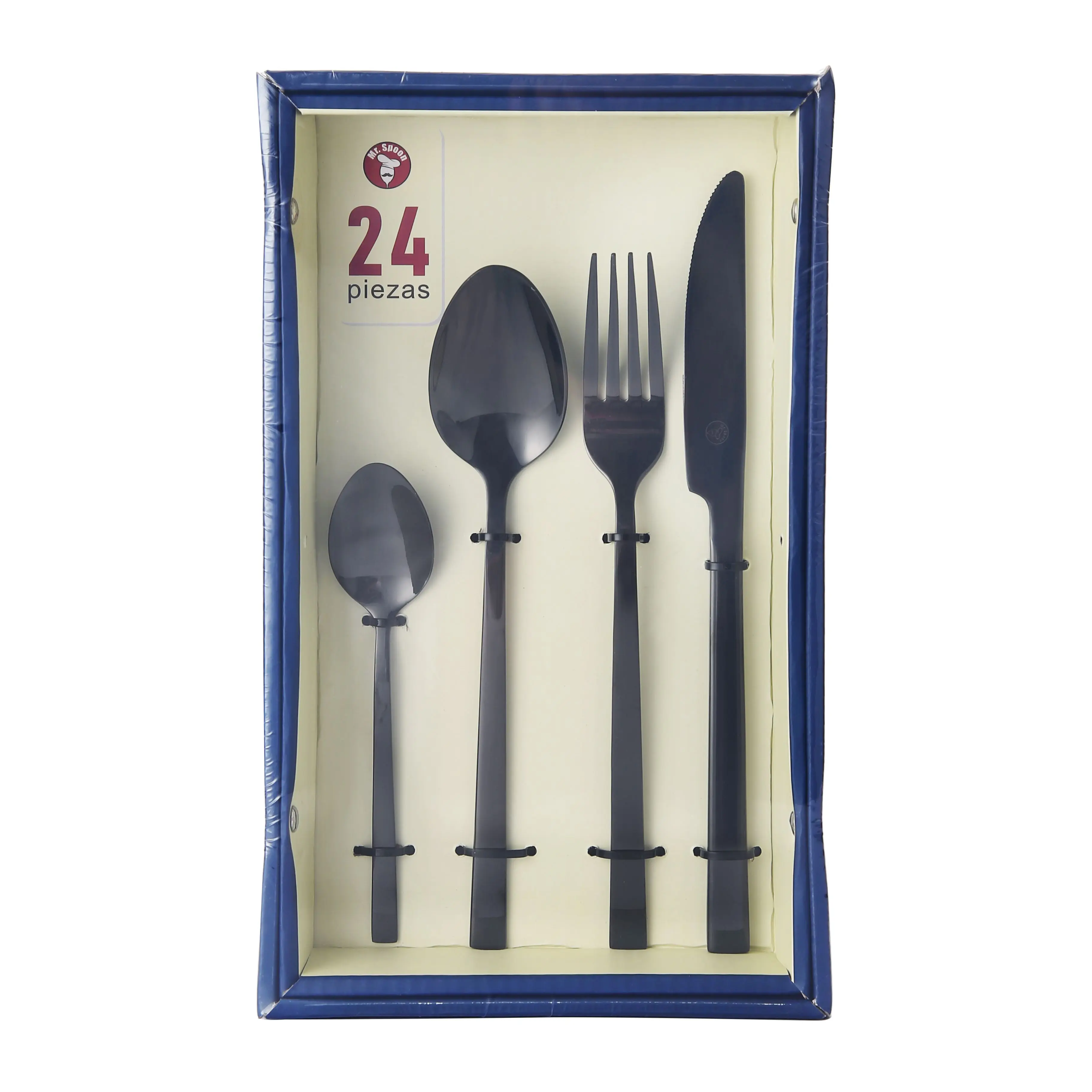 Mr.Spoon set 24 pieces cutlery, 18/0 stainless steel, glitter black Color, including knife, fork, Spoon, Spoon, cutlery, service for 6 people, dishwasher safe. Valentine gift Ideas, include gift pouch.70192