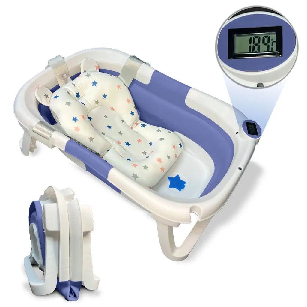 BAÑERA MEGA PLEGABLE PARA BEBÉ con Termómetro + Cojín antideslizante + Patas Antideslizantes + Tapón de Seguridad | Bebé Recién Nacido | Diseño Plegable en 2 | Fácil de Guardar y Transportar (Azul)
