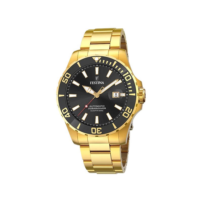 Festina automatic F20533/2 gold watch men with black dial and stainless steel strap