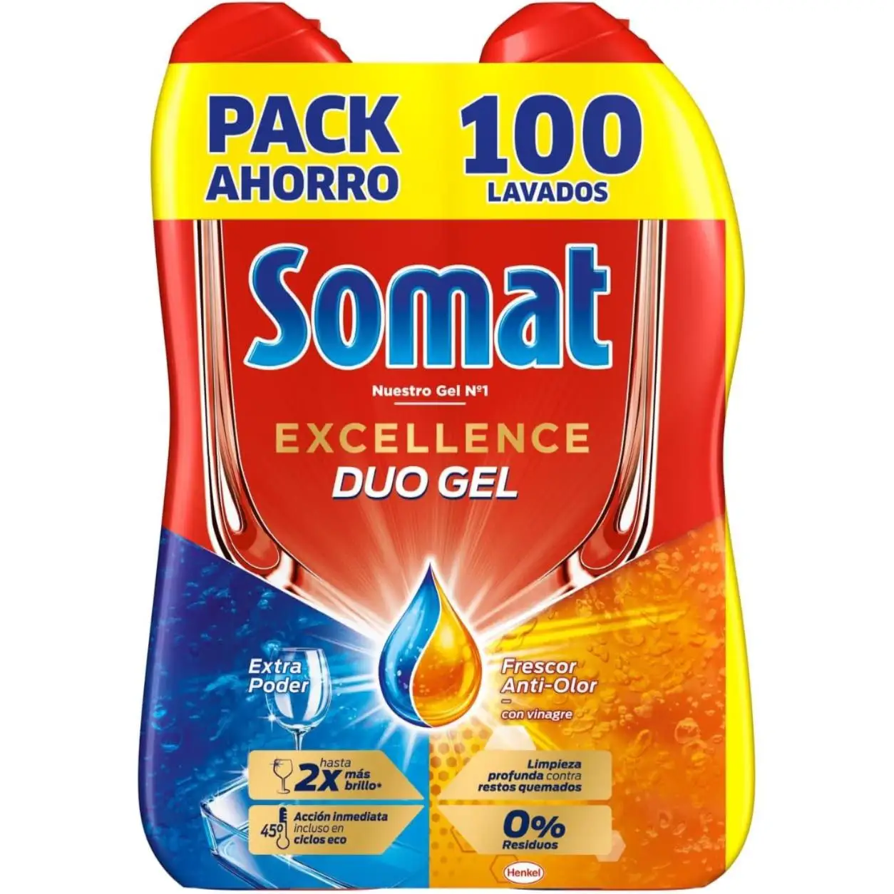 Somat Excellence Gel Frescor Anti-Olor (100 lavados), detergente lavavajillas desengrasante, lavavajilla líquido automático en botella, jabón para platos con vinagre
