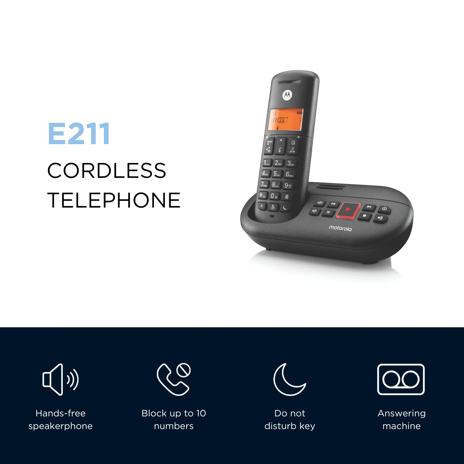 Motorola Voice E211 - Cordless Landline Phone with Digital Answering Machine, Caller ID, 50 Contacts, and Do Not Disturb Function, Black