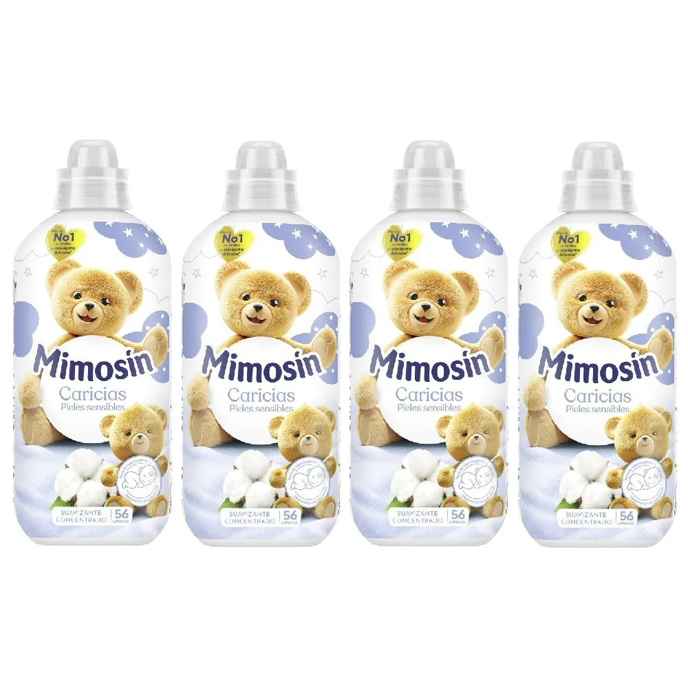 MIMOSIN Suavizante Concentrado Caricias, Pack 4 x 56 Total 224 Lavados, Respeta las Pieles Sensibles, Delicado incluso con Ropa de Bebé, Extra de Suavidad y Frescor, Ayuda a Mantener el Color y Brillo, Favorece el Secado Rápido y el Planchado