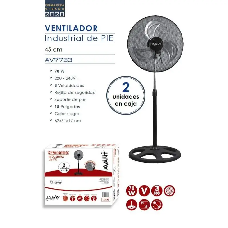 Ventilador de pie caja de 1 o 2 unidades Ventilador de Pie Industrial 70W  Altura 45 Cm Regulable Ventilador Silencioso Color Negro, 18pulgadas  rejilla de seguridad Oscilante con 3 velocidades.Avant