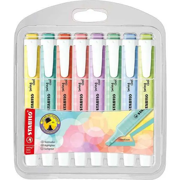 Stabilo Swing Cool Pack of 8 fluorescent markers-Pastel colors-beveled tip-anti-drying technology