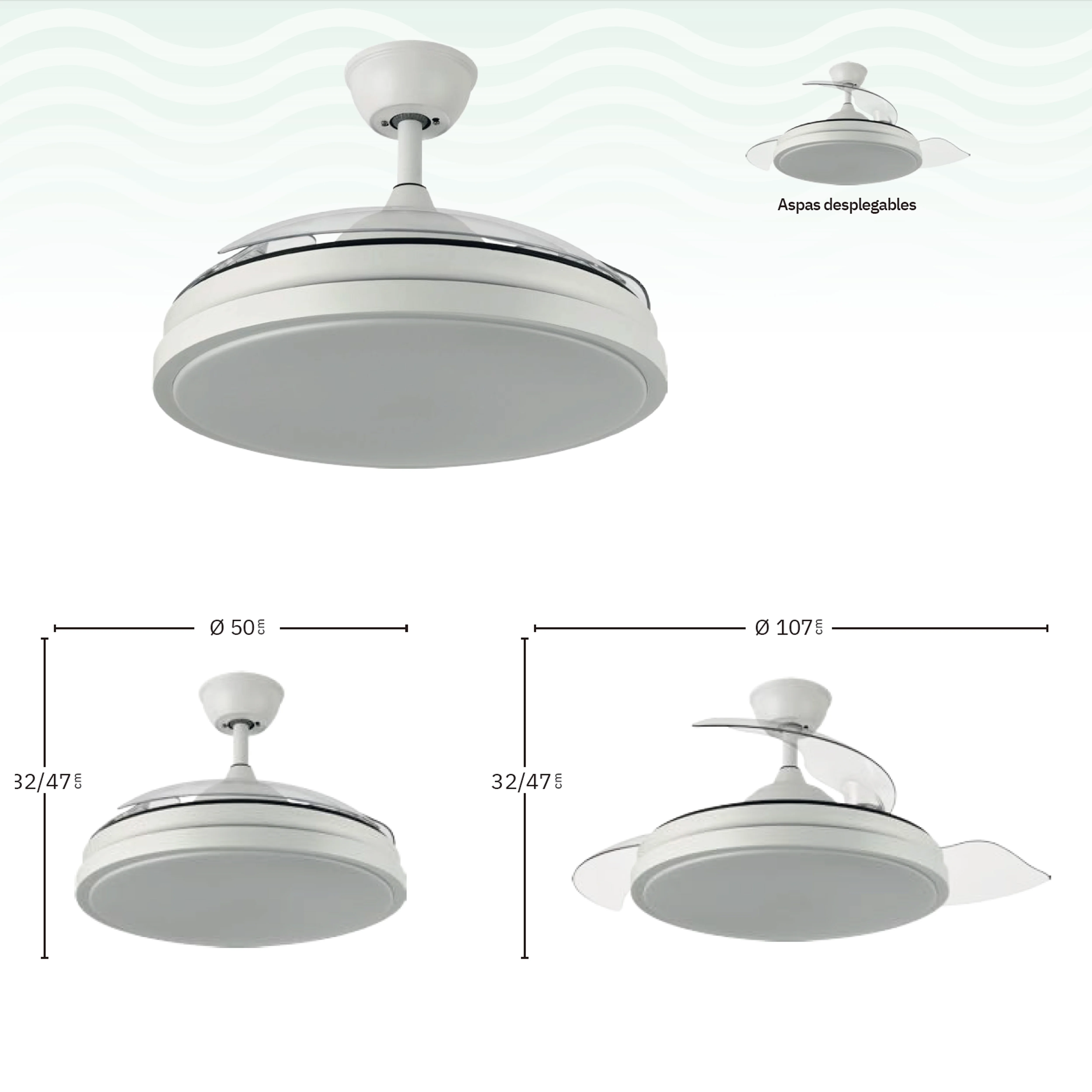 Ceiling fan with light Dc scorpion 59w White 3 folding blades 107d 5960lm 3000-4000-6000k remote + timer + memory-fabrilamp