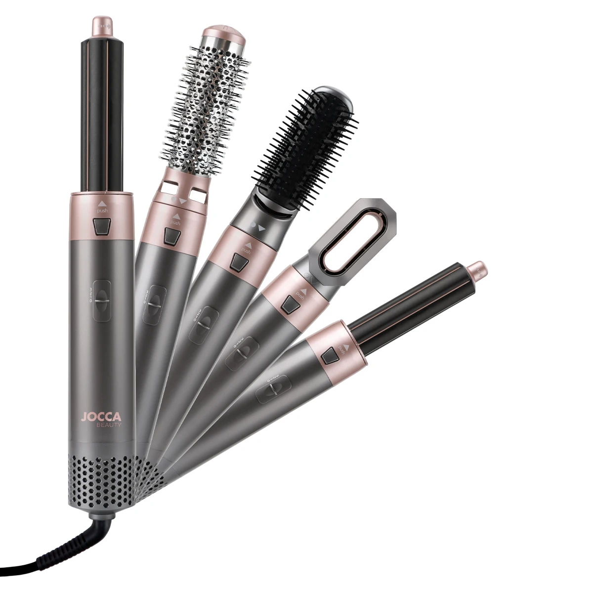 Cepillo Jocca de aire caliente 5 en 1: Secador, rizador, plancha y voluminizador, 5 cabezales intercambiables, 3 temperaturas, cable giratorio 360º, 800-1000W. Ideal para secar, alisar, rizar y crear